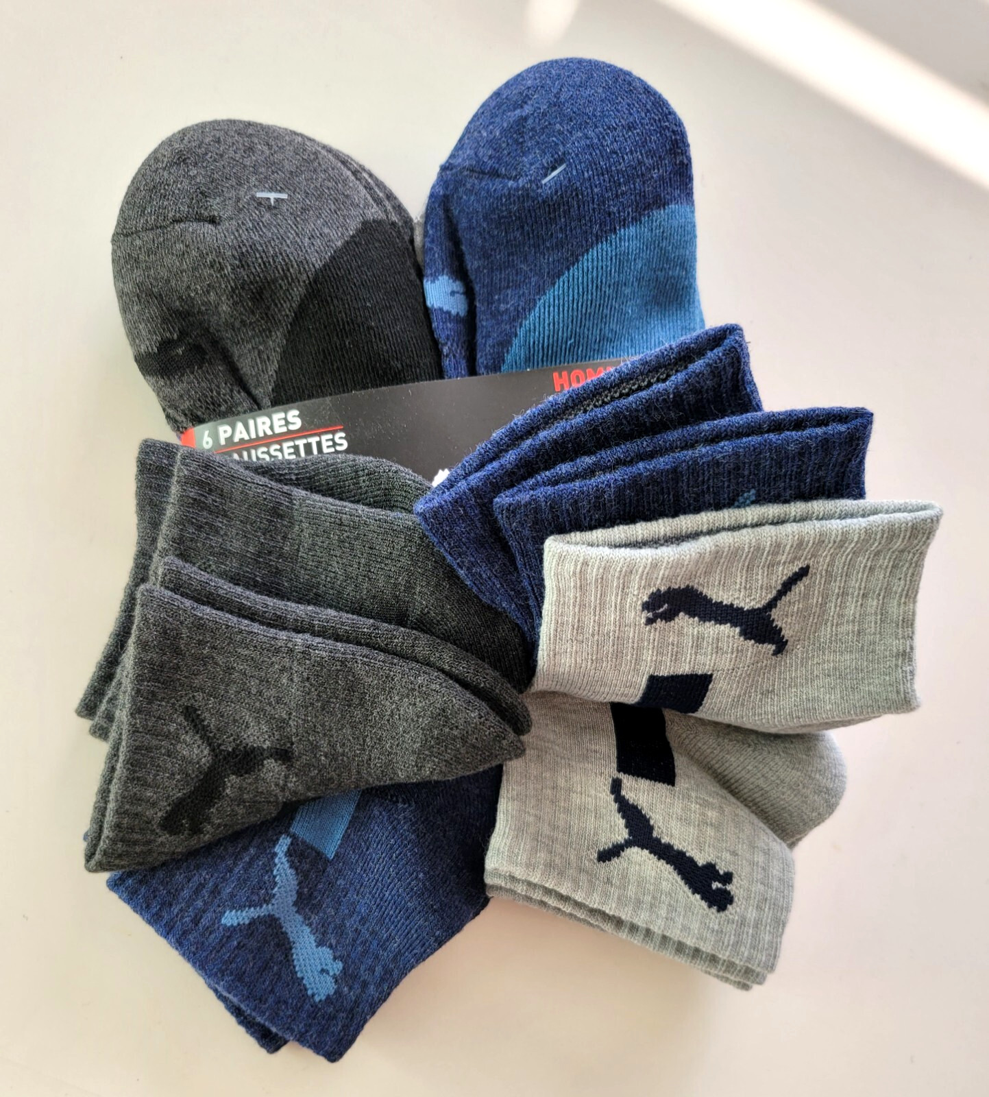 Puma Men’s Quarter Crew Socks 6 Pack L Blue Black Gray Half Terry Sport Cushion