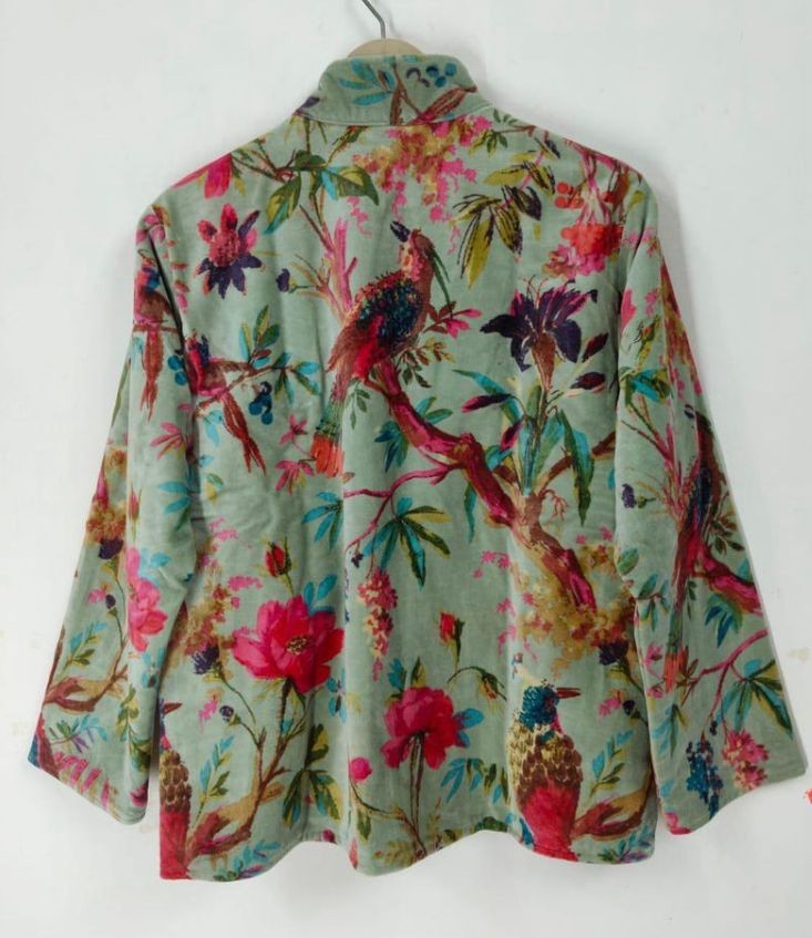 Vtg Velvet Floral Bird Print Jacket Sage Green Pink Peony Botanical Boho Coat