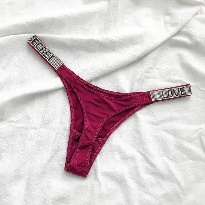 Low Waist Sexy Women Thongs Panties Rhinestones Letter Diamonds G String Sports