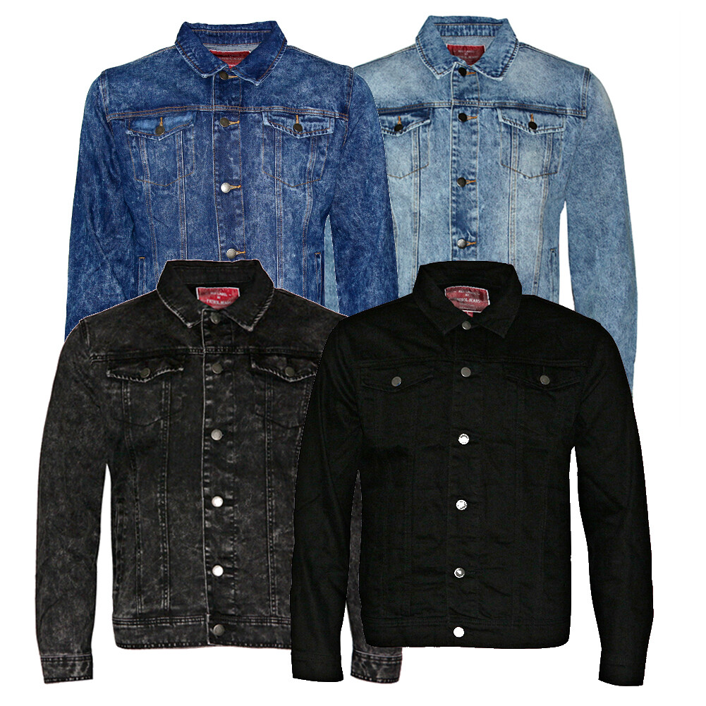Mens Denim Jean Jacket Faded Premium Cotton Button Up Slim Fit Red Label