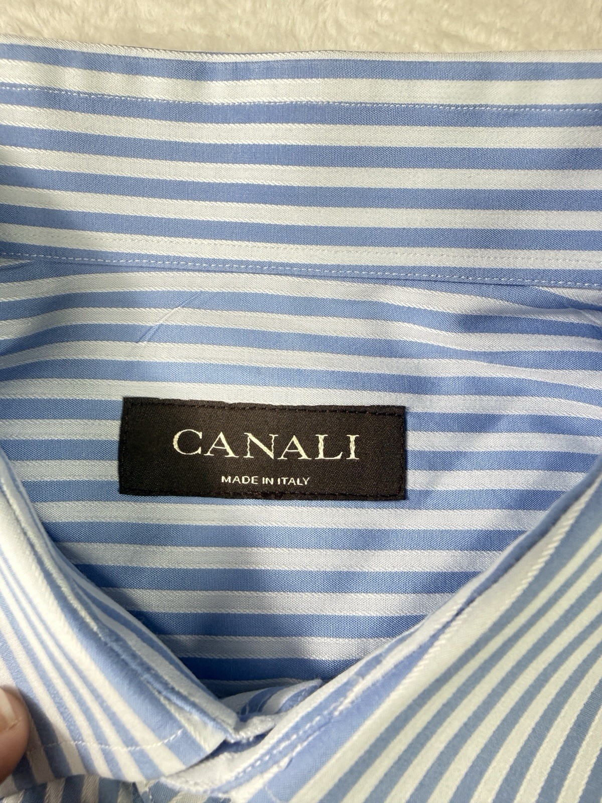 Canali Dress Shirt Mens 43/17 Blue Striped Button Long Sleeve Made in Italy Cuff
