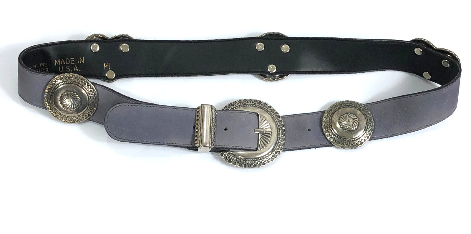 Leather Concho Belt Sueded Gray Blue Women Size M/L 30 inch to 34 inch – Vintage