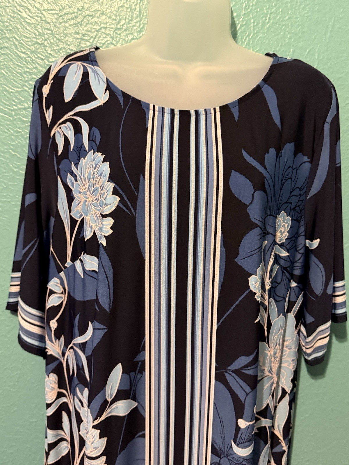 Sandra Darren Navy Blue White Floral Shift Dress Round Neck 3/4 Sleeve XL