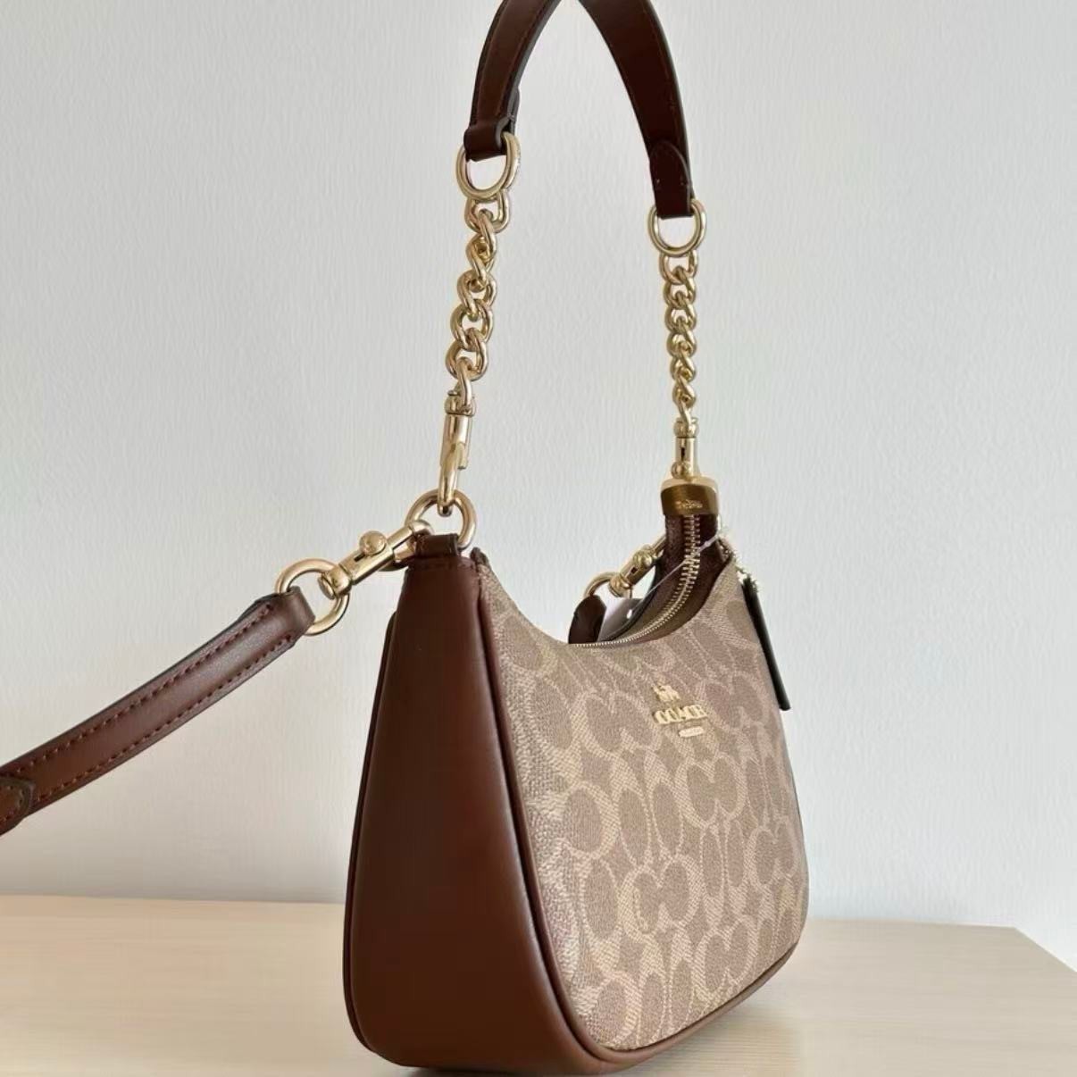 NWT Coach Teri Shoulder Bag Canvas Leather Brown CV933 Fast Shipping