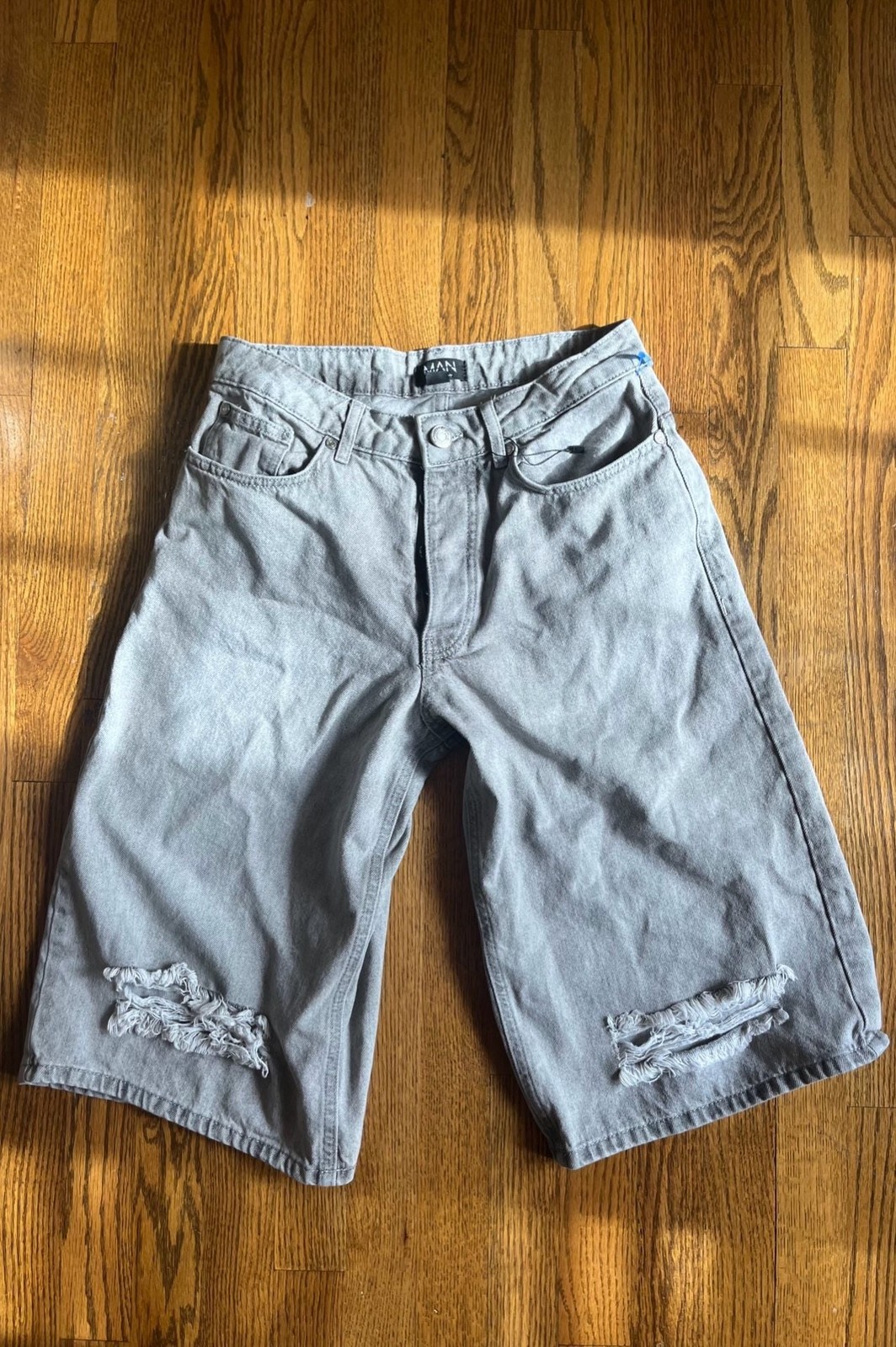 boohooman Baggy Fit Distressed Denim Jorts in Washed Grey