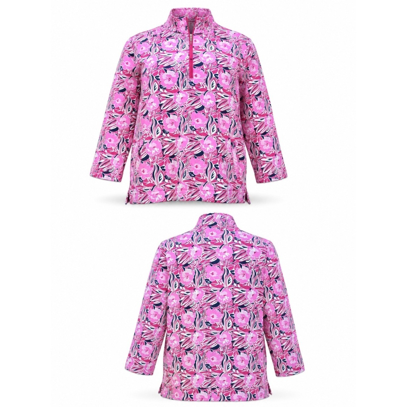 T BY TALBOTS | Pink Floral Half Zip Mock Neck Cozy Boxy Pullover Pockets | 3X