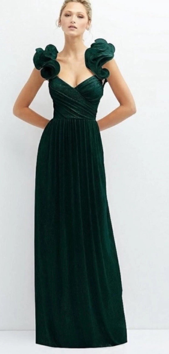After Six Ruffle Off The Shoulder Metallic Formal Gown Dress Size XS Green $279