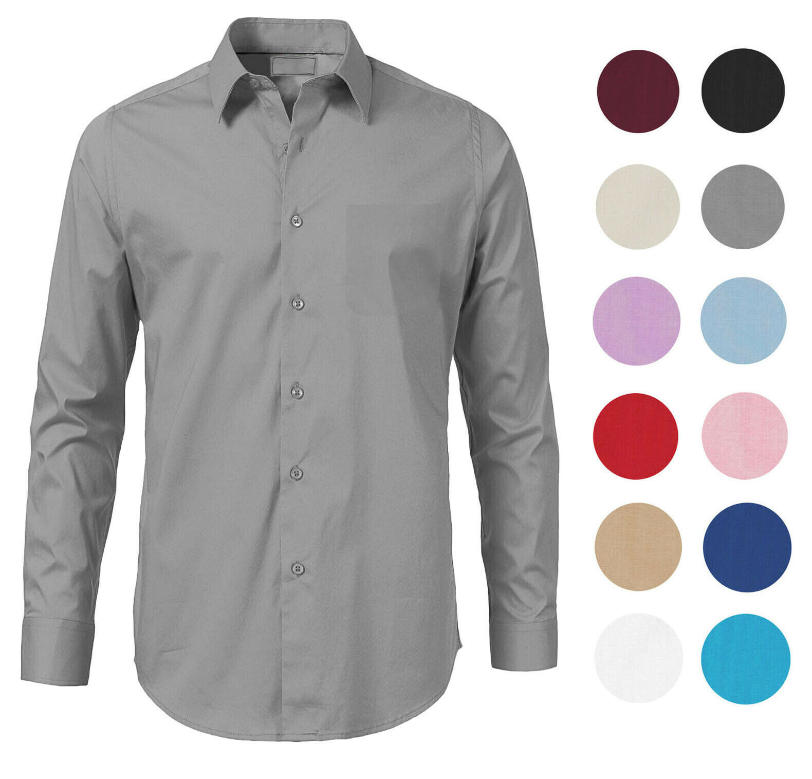 Men’s Solid Long Sleeve Formal Button Up Standard Barrel Cuff Dress Shirt