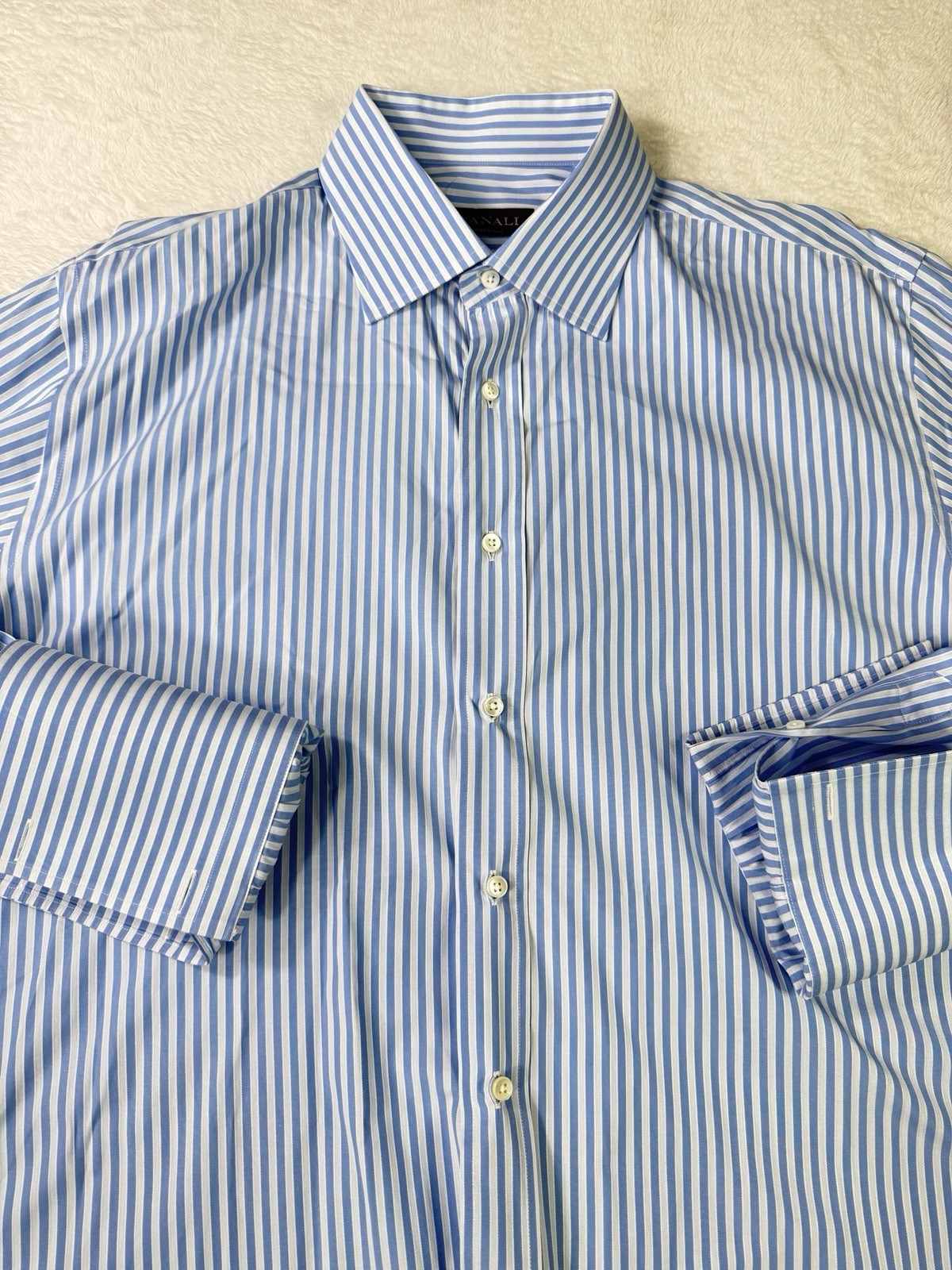 Canali Dress Shirt Mens 43/17 Blue Striped Button Long Sleeve Made in Italy Cuff