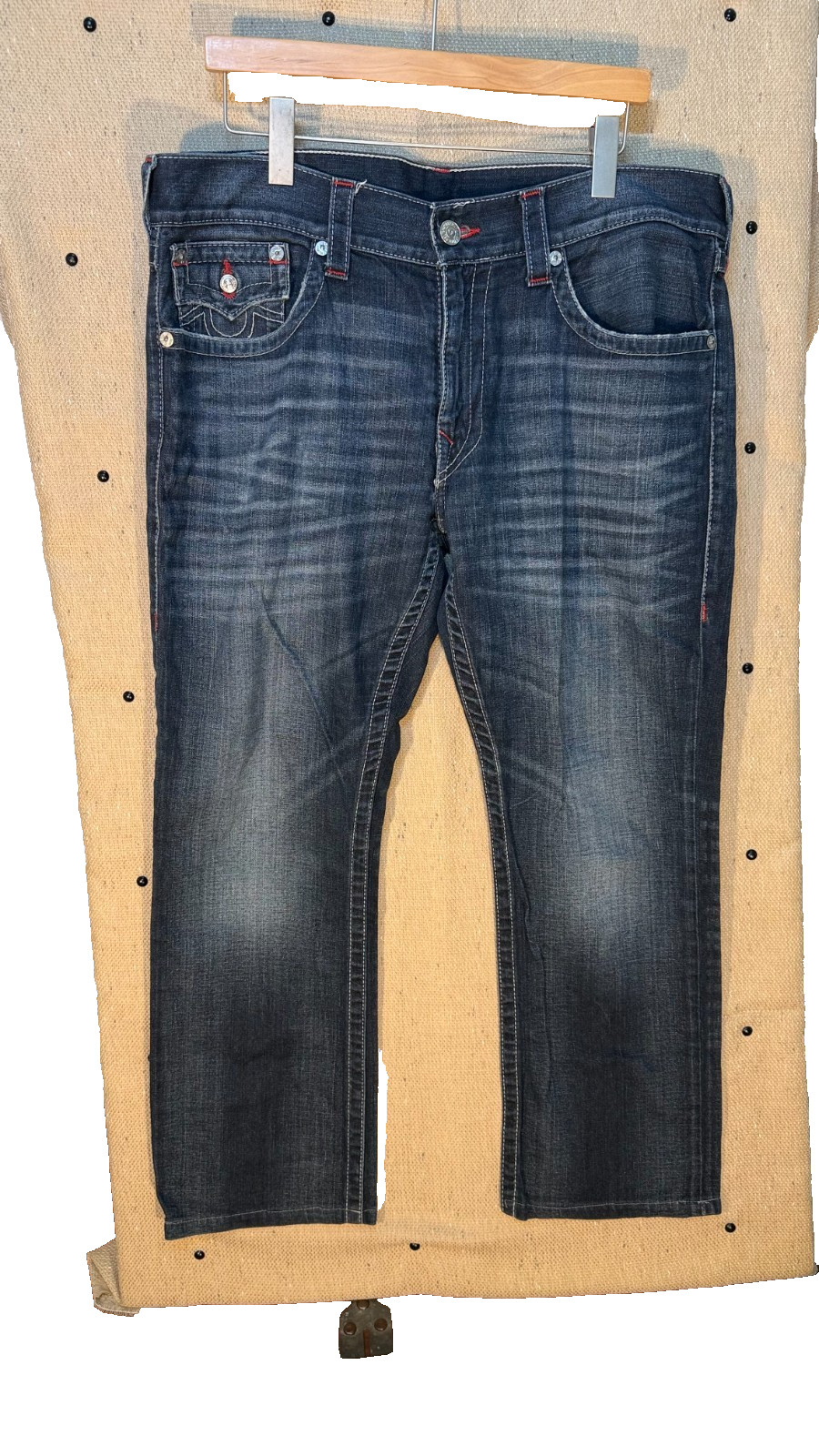 True Religion Straight Flap Red Stitch Dark Wash Jeans Mens 36×27