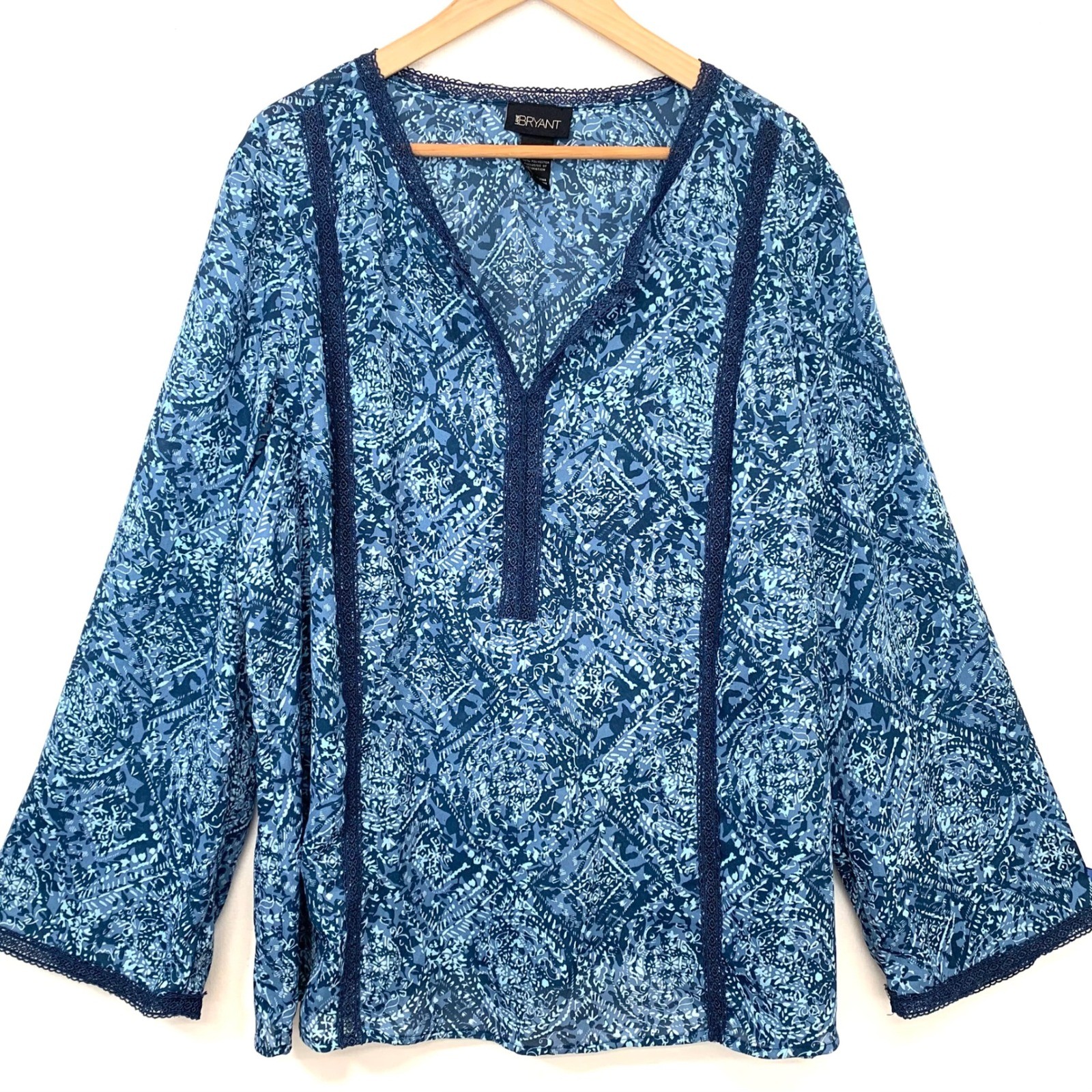 Lane Bryant Blue Paisley Crochet Trim Blouse 22/24 Boho Peasant Ling Sleeve