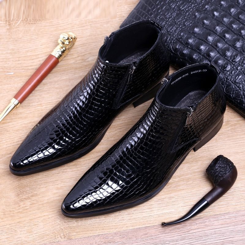 British Men’s Leather Zip Ankle Short Boots Block Heel Pointed Toe Dress Shoes