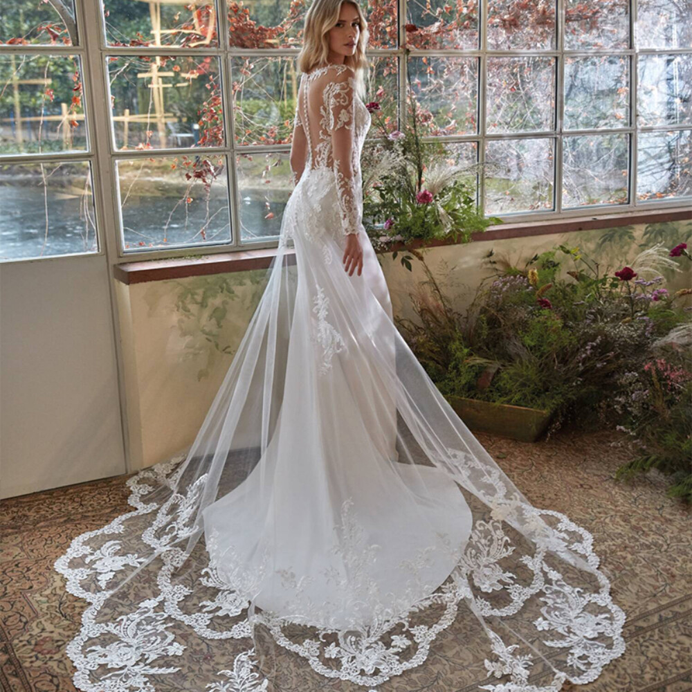 Long Sleeve Lace Illusion Neck Mermaid Wedding Dresses With Cathedral Train