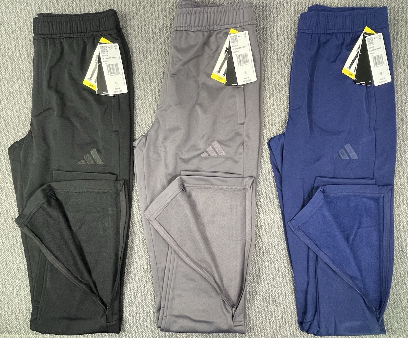 adidas Men’s SMALL Lot of 3 Black, Gray & Blue Tricot Zippered Bottom Pants NWT