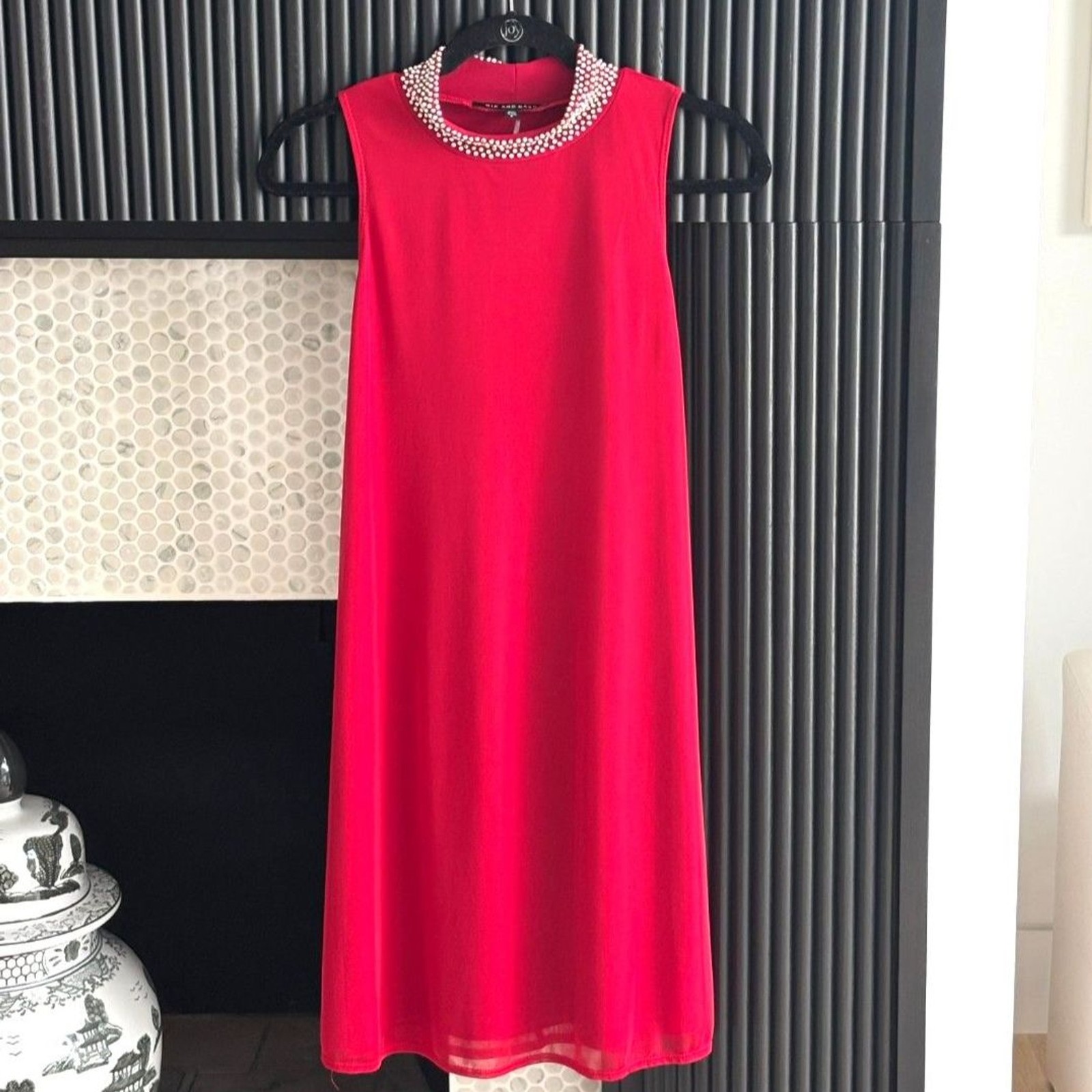 Nik and Nash Dress Womens S Red Faux Pearl Rhinestone Embellished Collar Shift