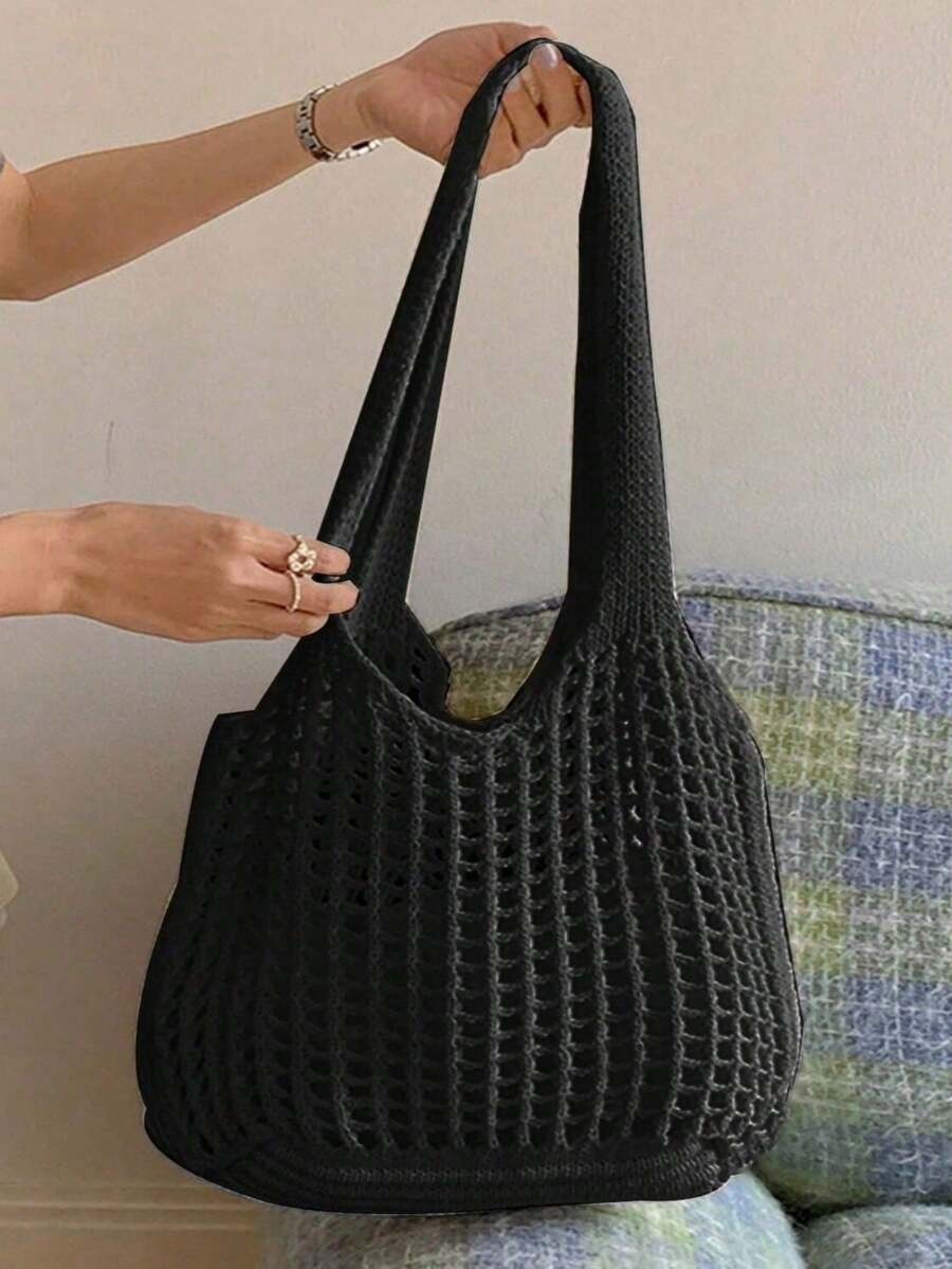 Crochet Woven Shopping Bag Hollow Out Beach Vacation Tote Foldable Mesh Bag