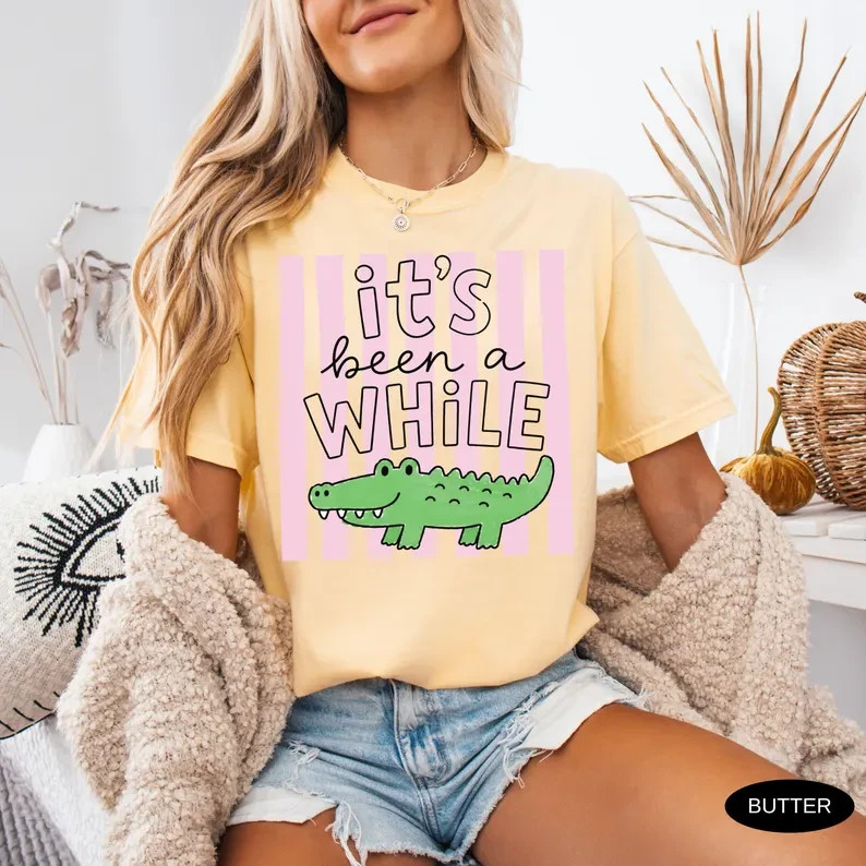 Funny Alligator T-Shirt Cute Retro Pink Stripe Crocodile Graphic Gildan Tee