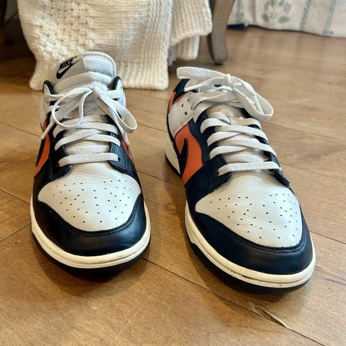Nike Dunk Low Men’s Leather Lace-Up Sneakers White/Black/Orange Size 10.5