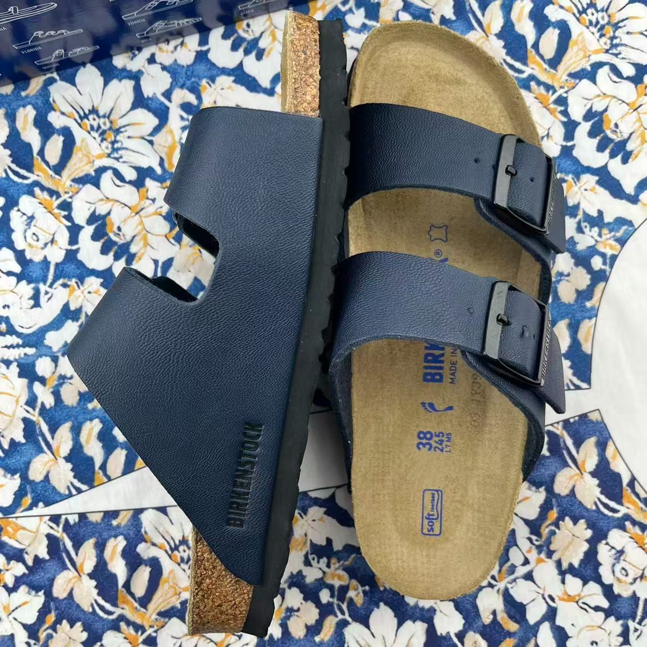 Birkenstock Arizona Birko-Flor Leather Unisex Shoes Sandals Stone/Black/Blue