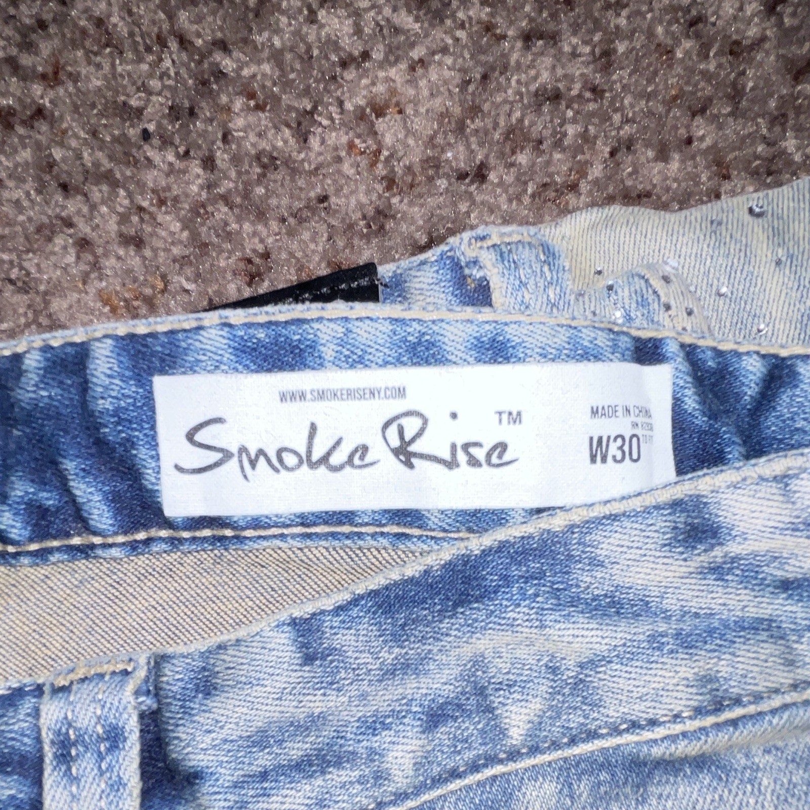 Smoke Rise Men’s Light Wash Blue Rhinestone Logo Stacked Flare Jeans