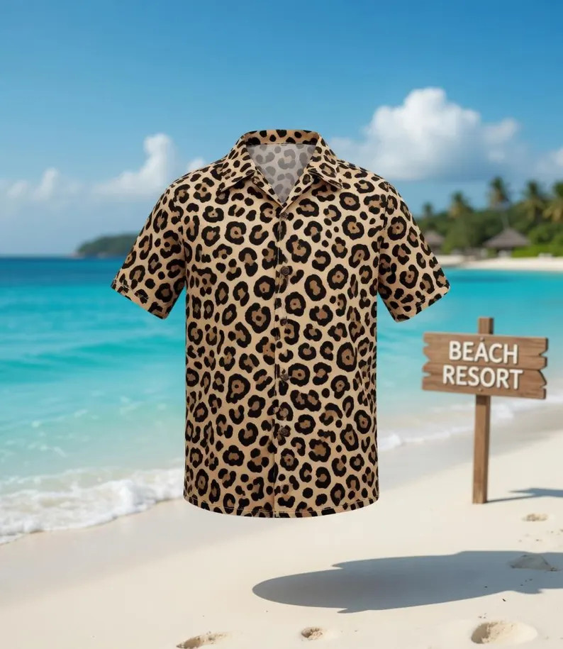 Leopard Hawaiian Shirt Mens Button Down Beach Summer Vacation