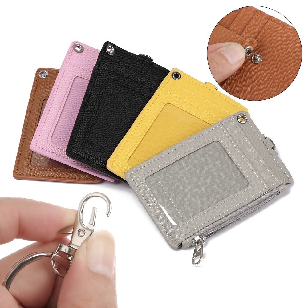 PU Leather Card Holder Wallet Coin Purse Keychain Mini Business ID Badge Case