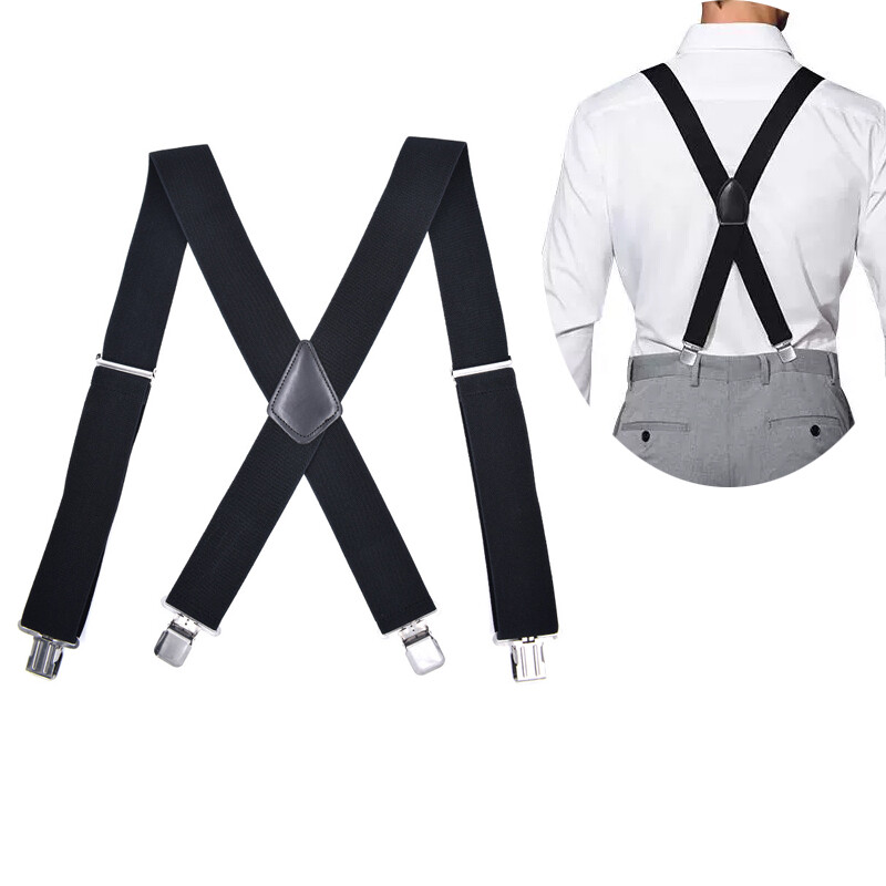 Black Elastic Mens Braces Suspenders Widening 2”/5cm X-shaped Adjustable Length