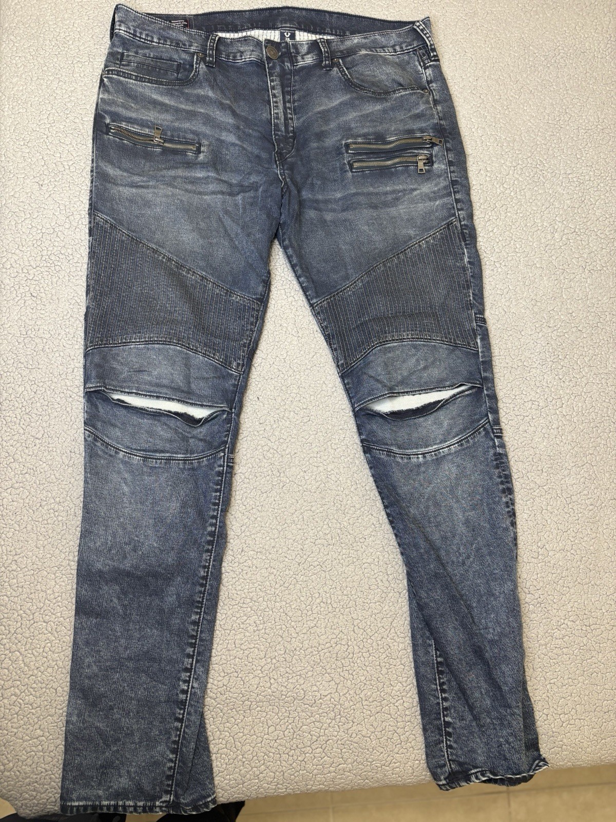 True Religion Mens Relaxed Skinny Jeans Blue Medium Wash Denim Distressed Biker
