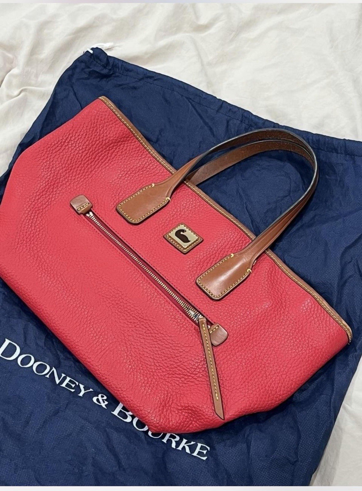 Dooney & Bourke Red Pebbled Zip Satchel Brown Double Handles Dust Bag
