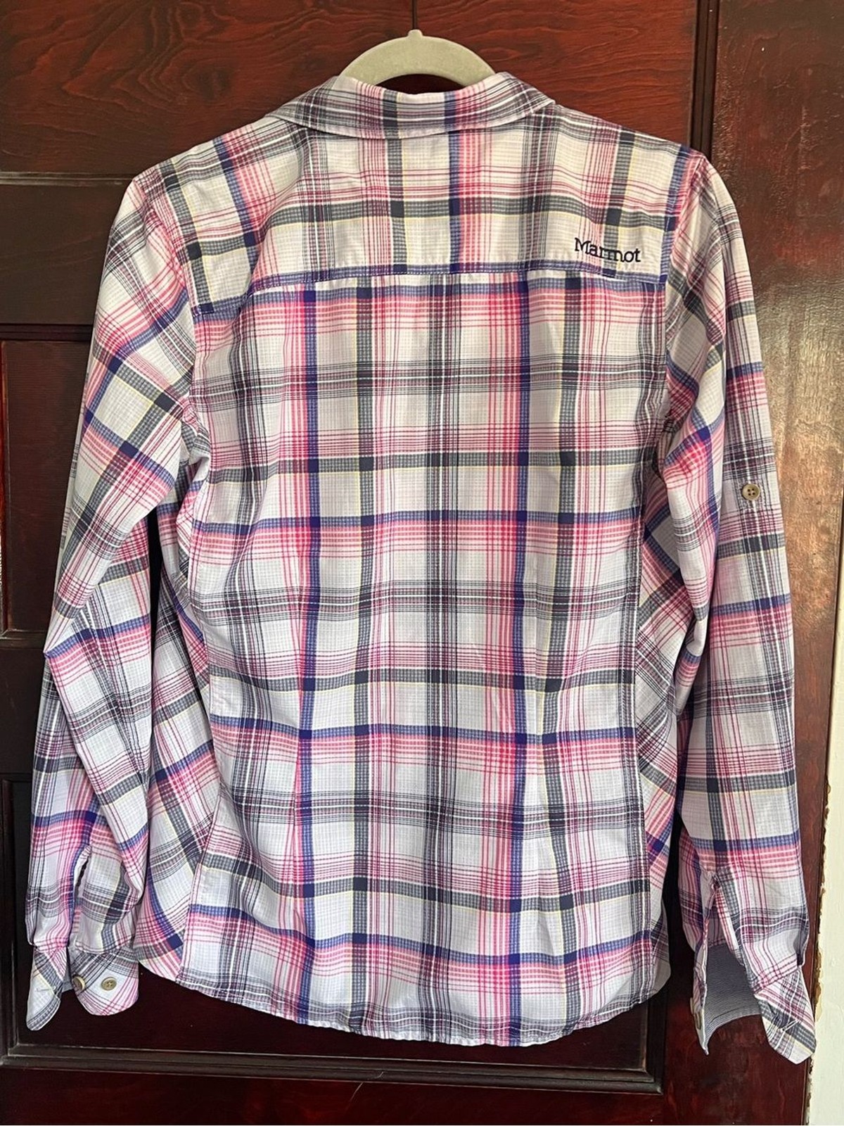 Marmot Women’s Lillian Plaid Flannel Button Down size Medium Pink White