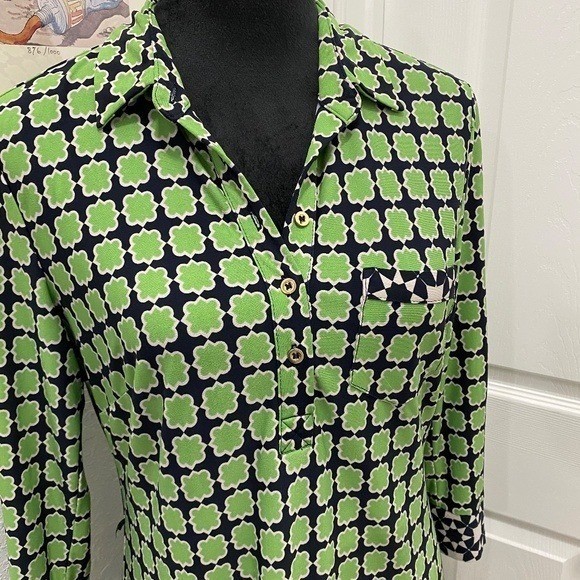 Donna Morgan Geometric Print Shift Dress Size 6 | Green & Navy Career Dress