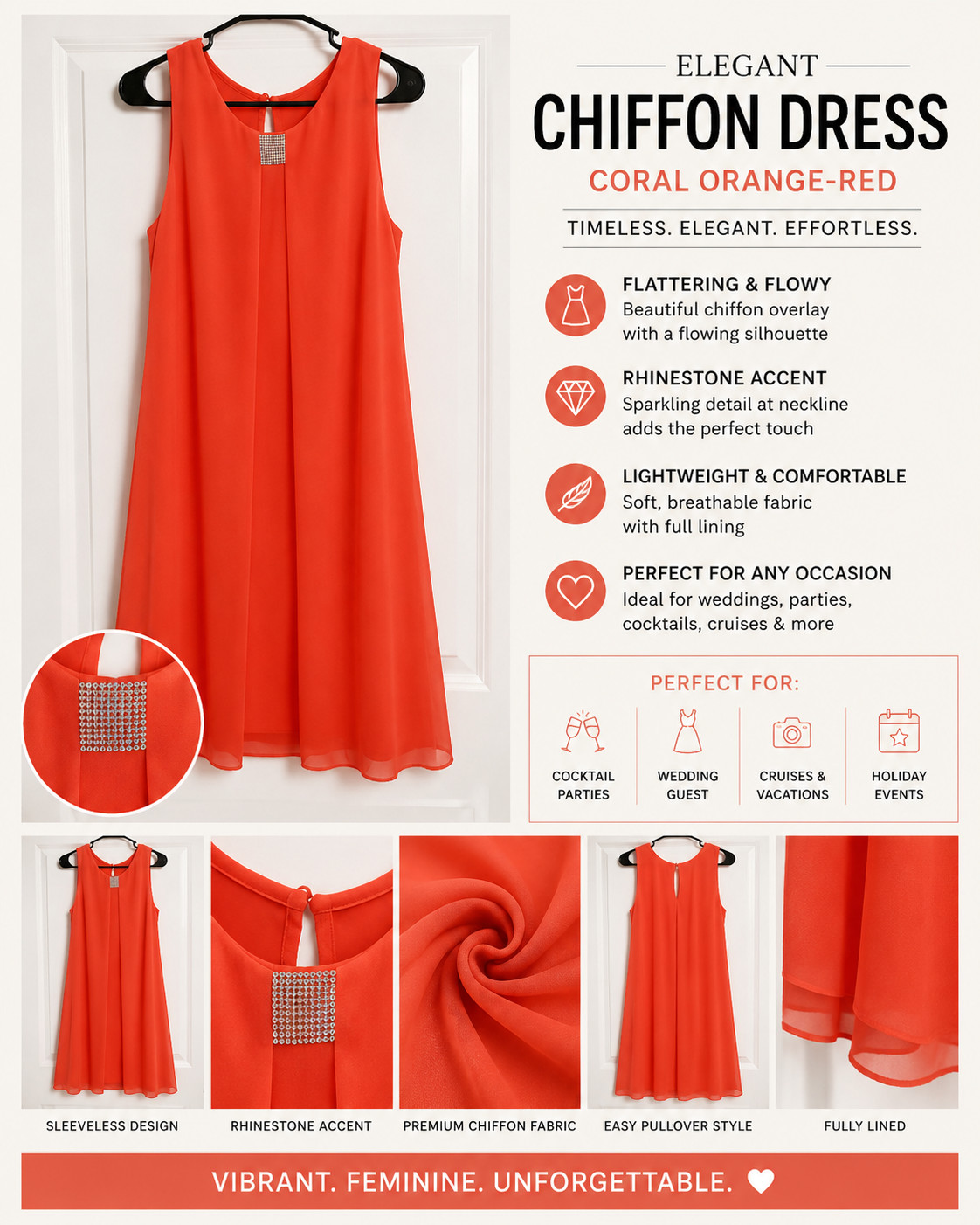 MSK Women’s Size 8 Coral Orange Chiffon Shift Dress Rhinestone Cocktail Party
