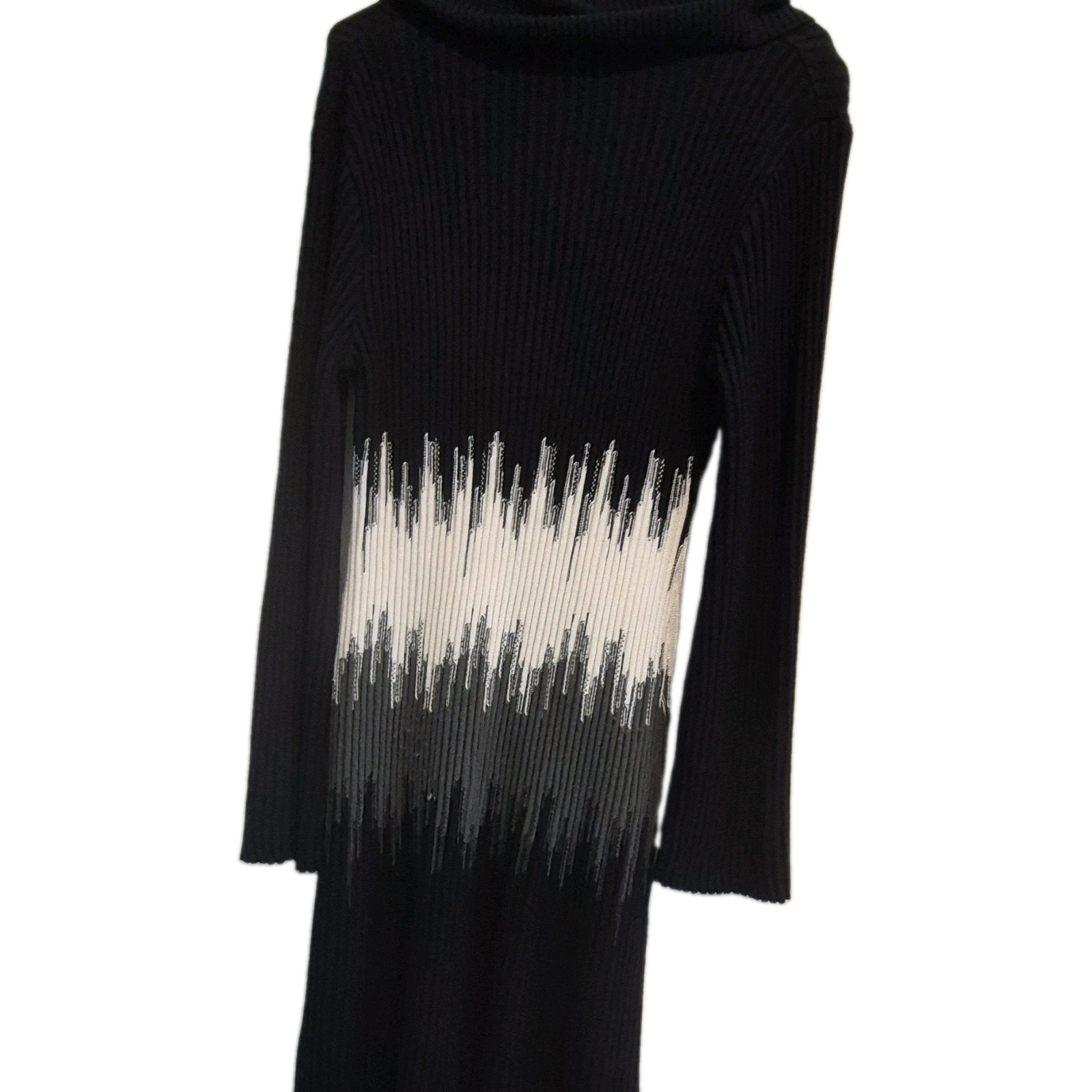 Women’s Black White Gray Abstract Ribbed Knit Cowl Neck Sweater Dress L
