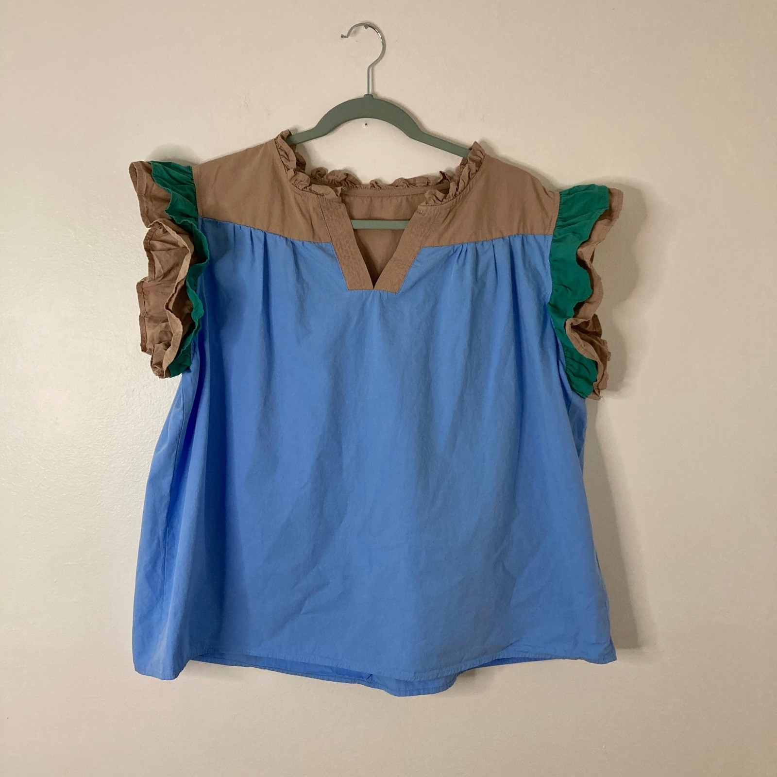 Colorblock Ruffled Sleeve Frill V-Neck 100% Cotton Blouse Vacation Beach Top
