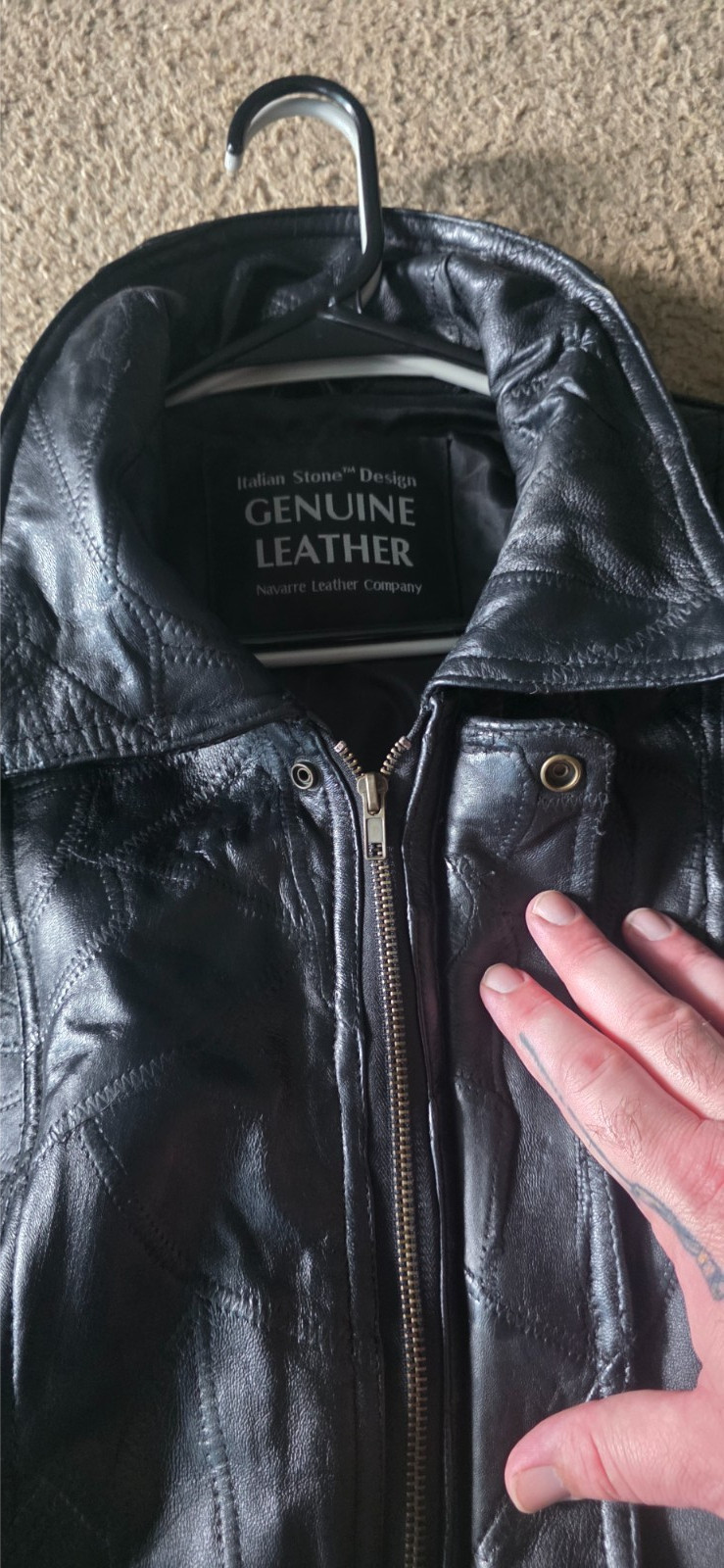 3XL italian stone design leather bomber jacket,Patchwork stitching, Metal zipper