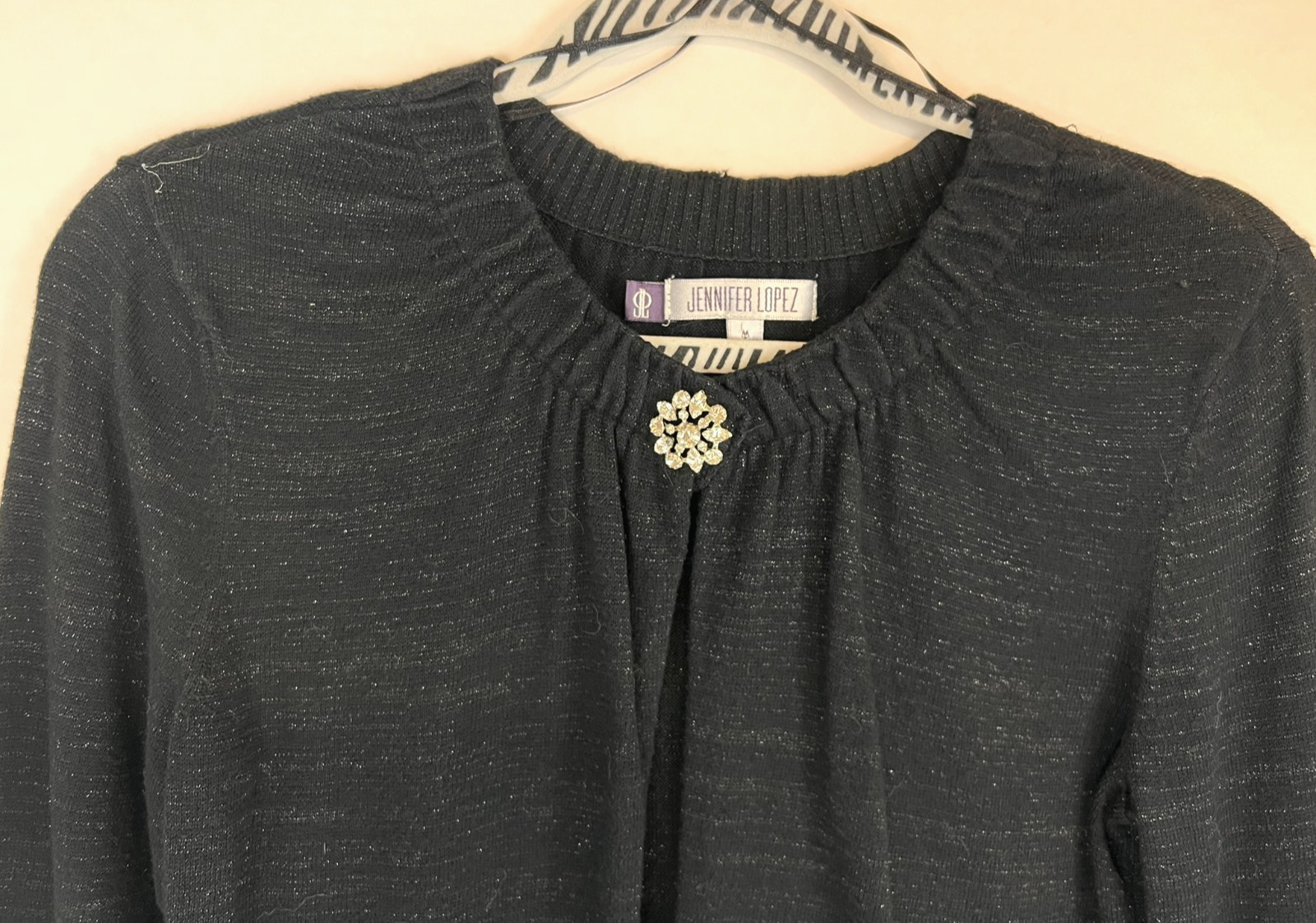Jennifer Lopez Women’s Sweater Cardigan Shrug Black w/ Rhinestone Broach M