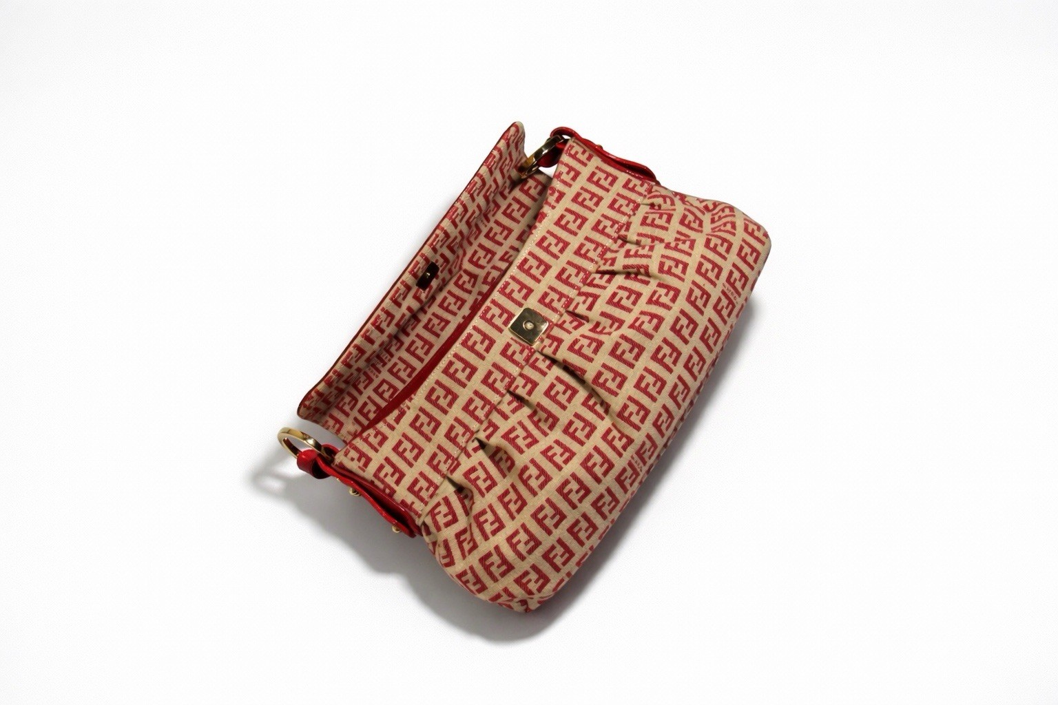 Fendi Beige/Red Monogram Flap Shoulder Bag Magnetic Closure Gold Hardware