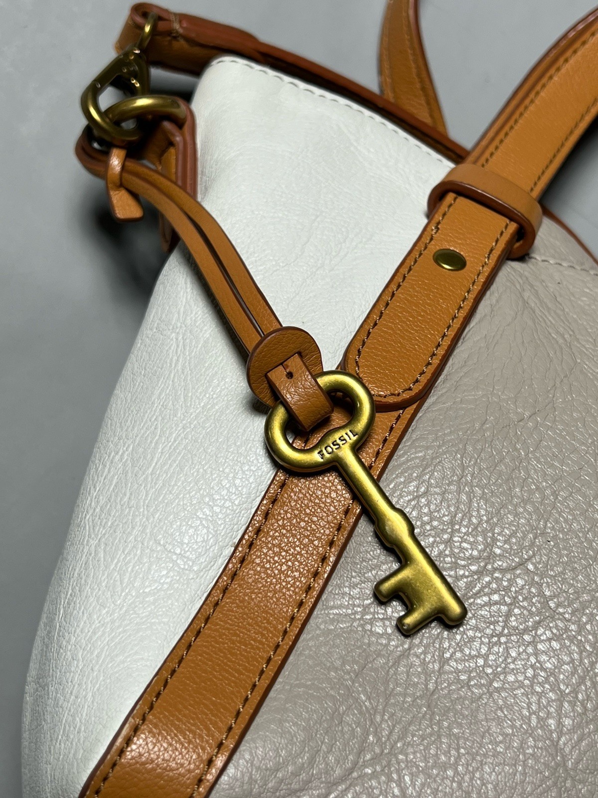Fossil Gray White Brown Colorblock Pebbled Satchel Zip Gold Hardware Pockets