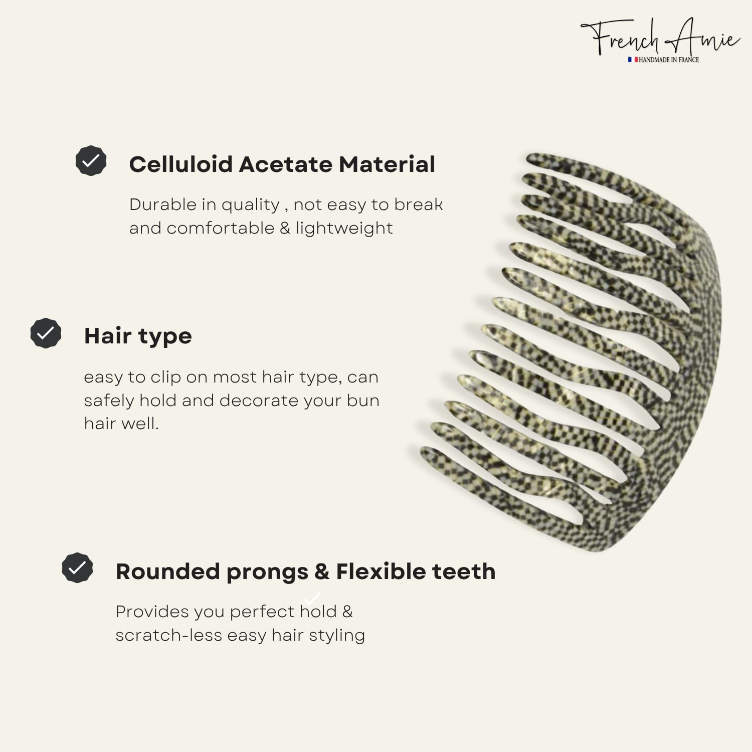 French Amie Fab 13 Teeth Medium Handmade Celluloid Side Hair Comb for Women