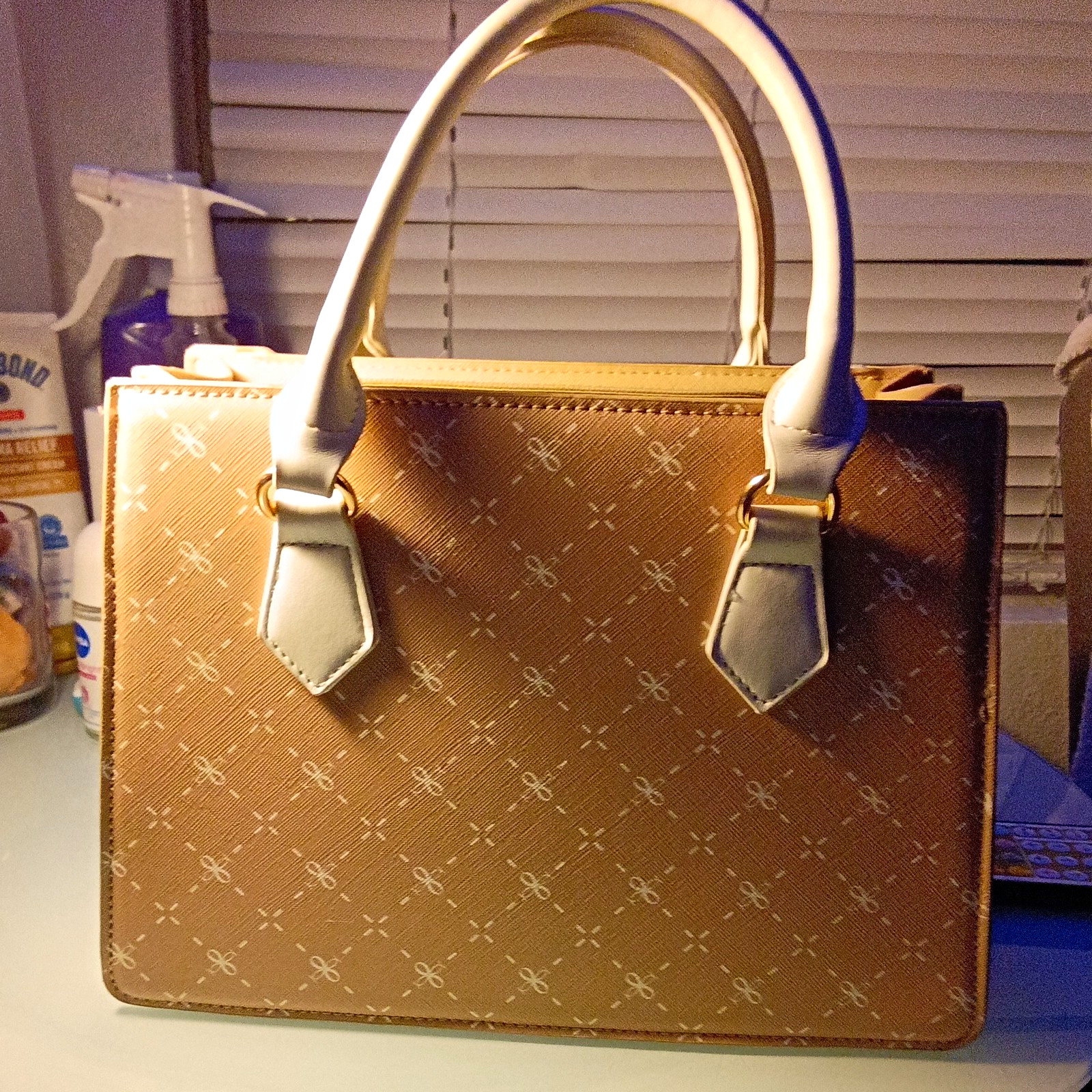 Brown/White Logo Satchel Top Handle Bag, Medium Zip, Detachable Strap