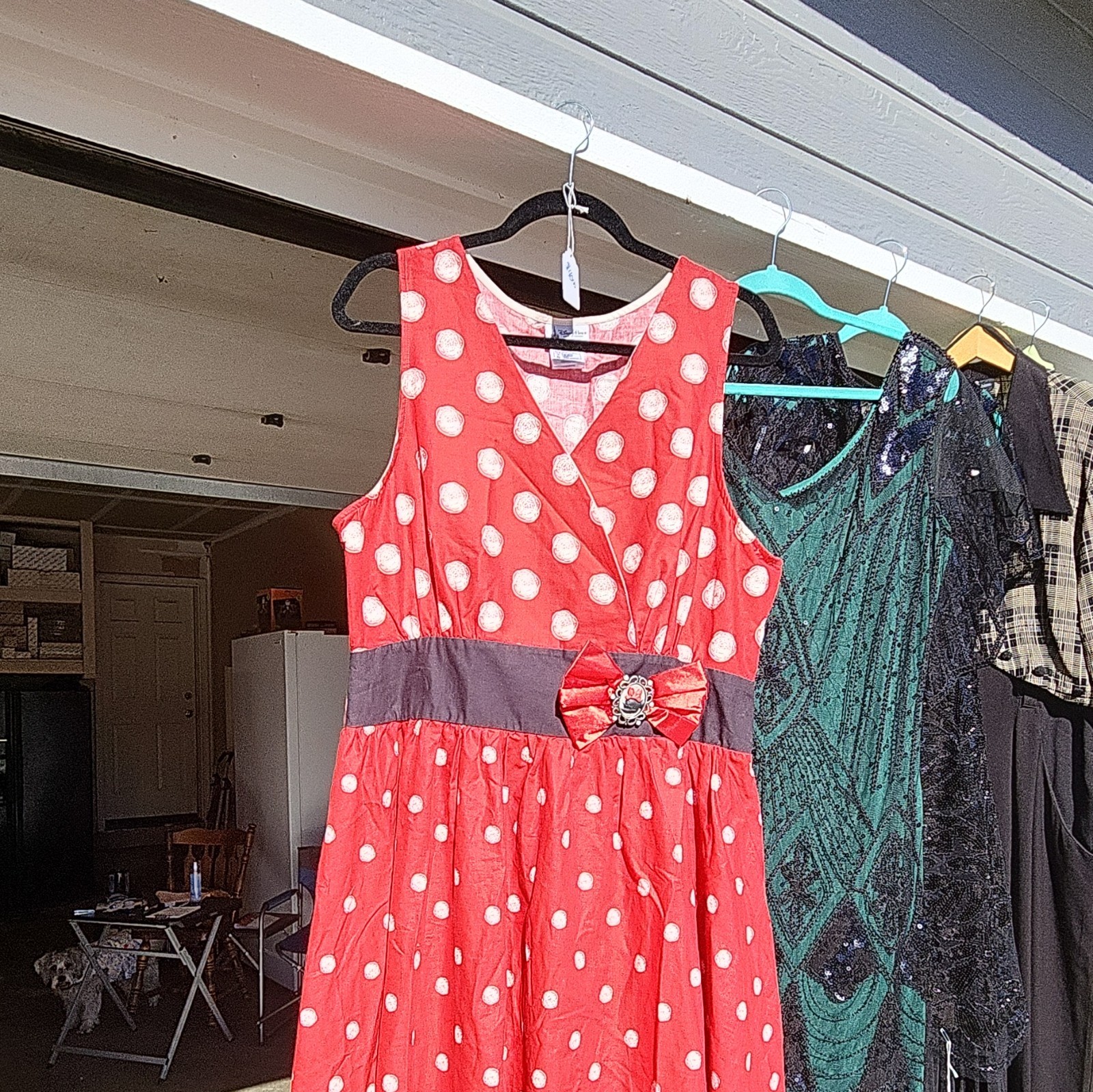Women’s Red & White Polka Dot Sleeveless V-Neck A-Line Knee Dress Bow, L