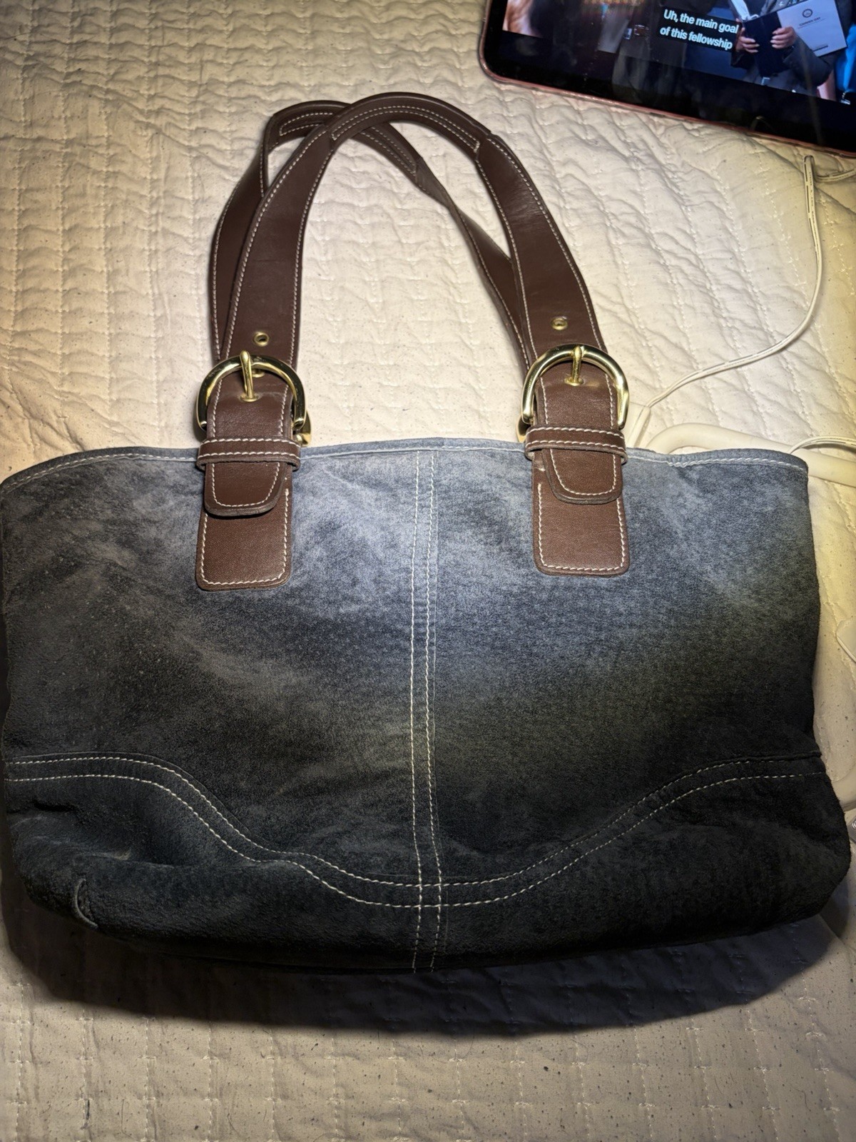 Coach Women’s Tote Blue/Brown Zip Top Double Handles Lined Pockets Charm