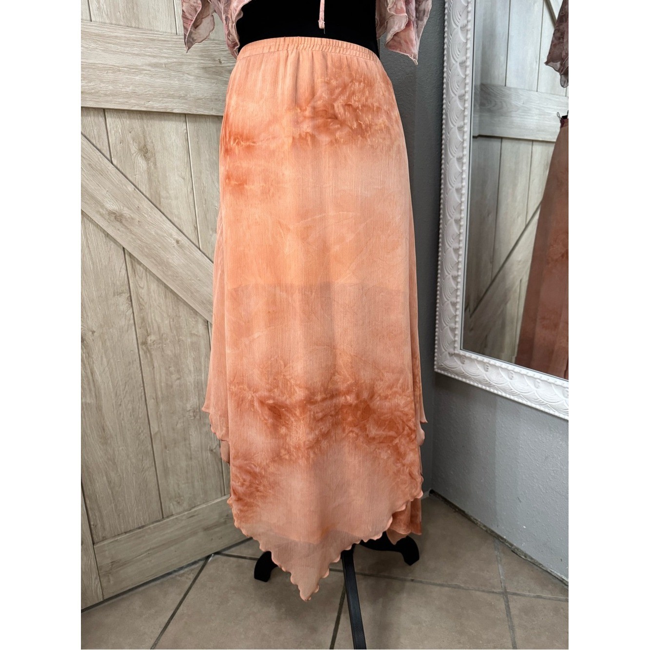 Boho Hand-Dyed Asymmetrical fairy Hem Maxi Skirt – Sunset Orange/Coral
