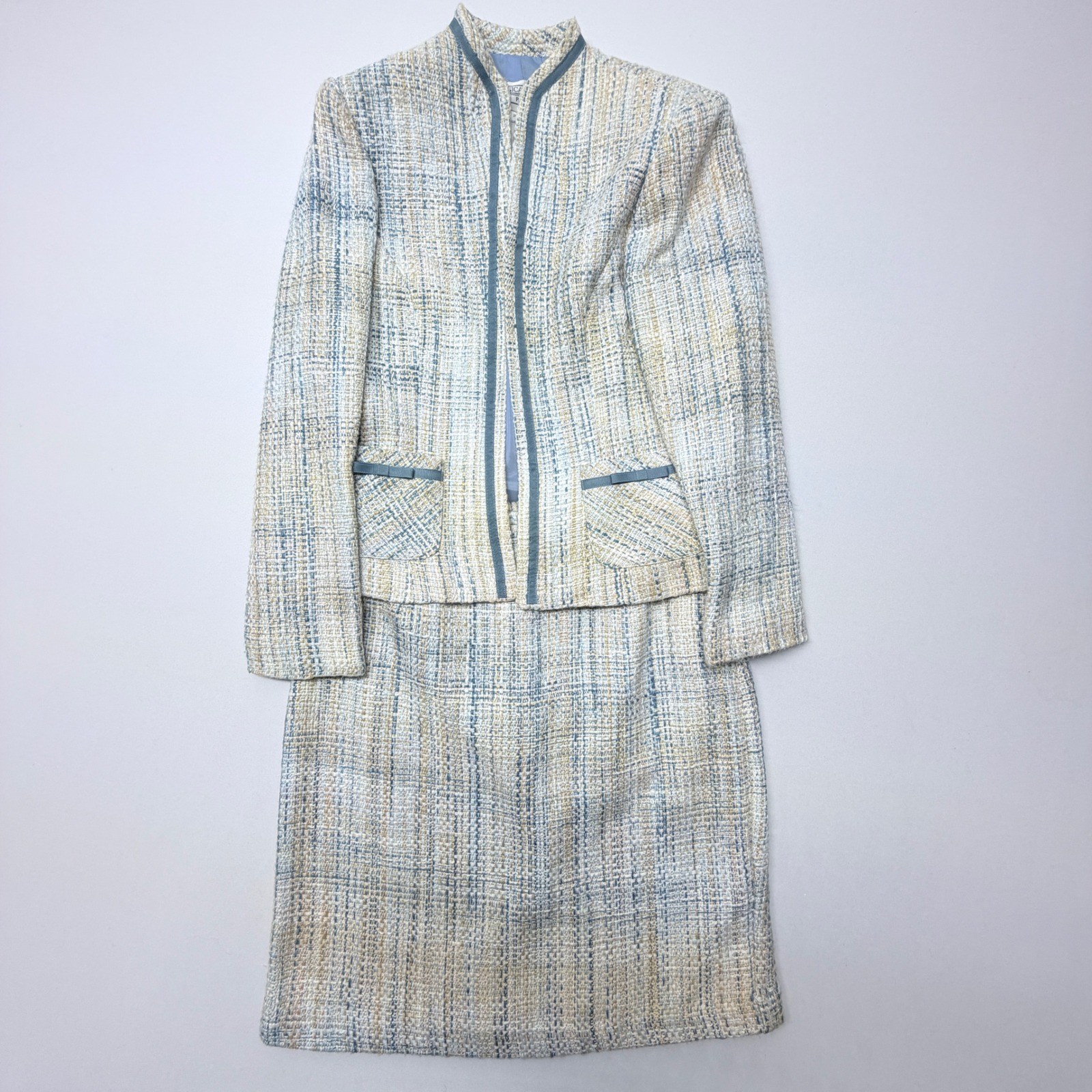 Jessica Howard Petite Blue Cream Tweed Skirt Suit Set Size 6P Bow Trim Vintage