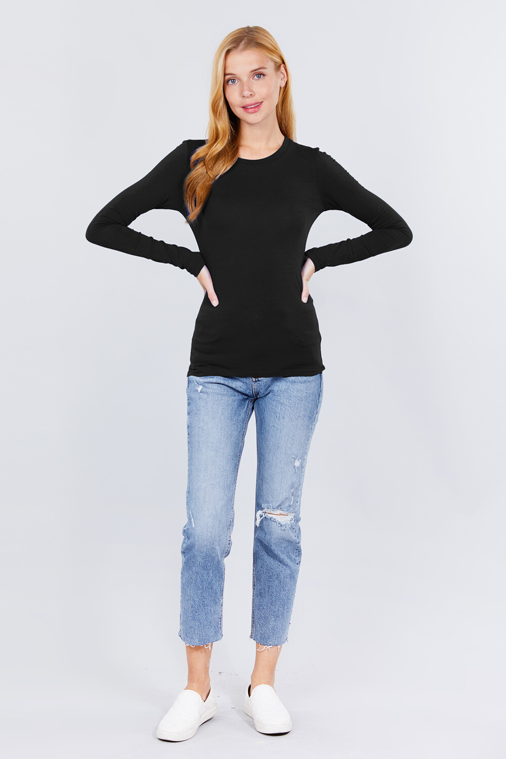 Womens Cotton Stretch Long Sleeve T-Shirt Plain Fitted Basic Solid Slim Layering