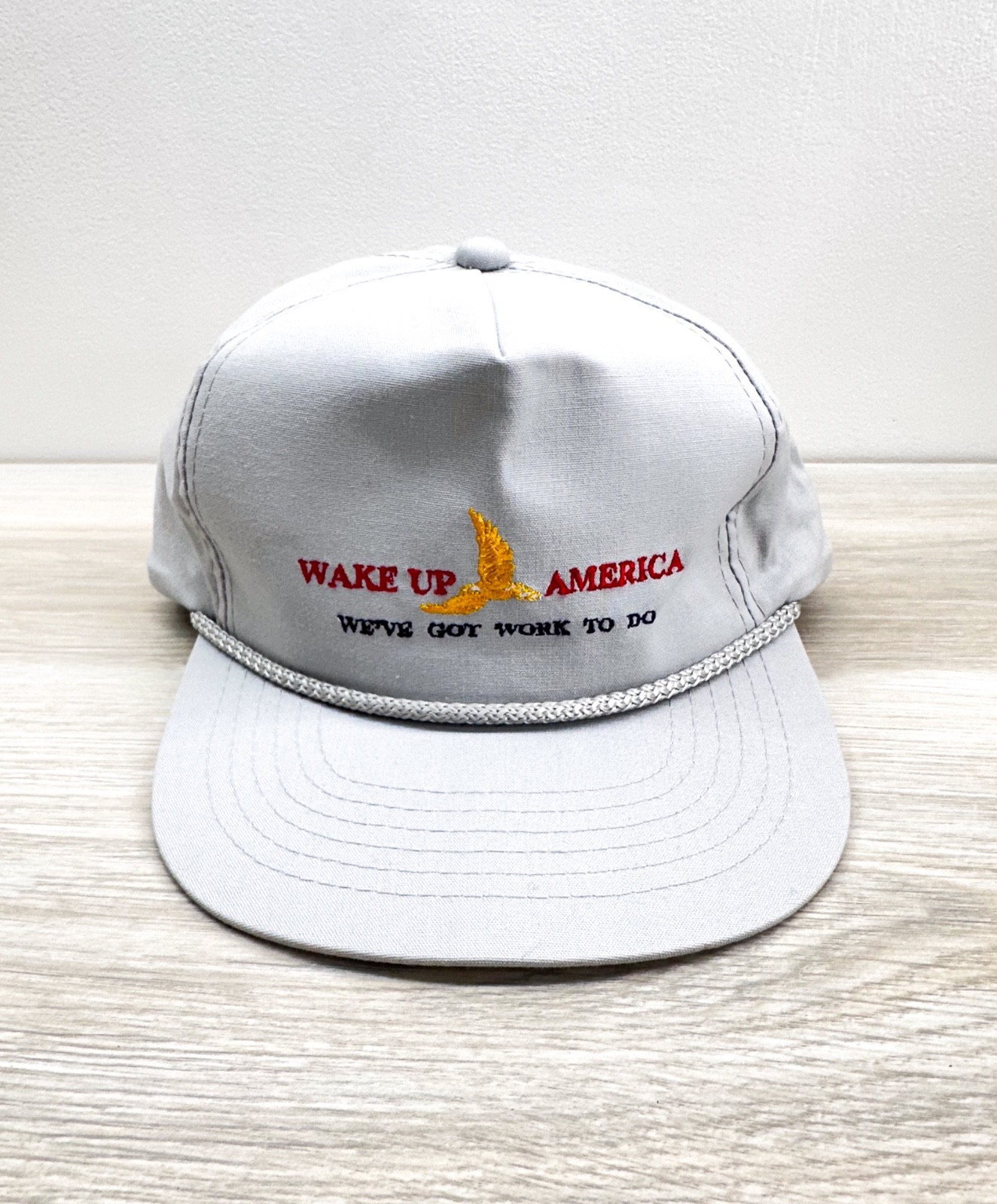 Vintage Wake Up America Snapback Rope Hat NOS Trucker Cap Made in Sri Lanka