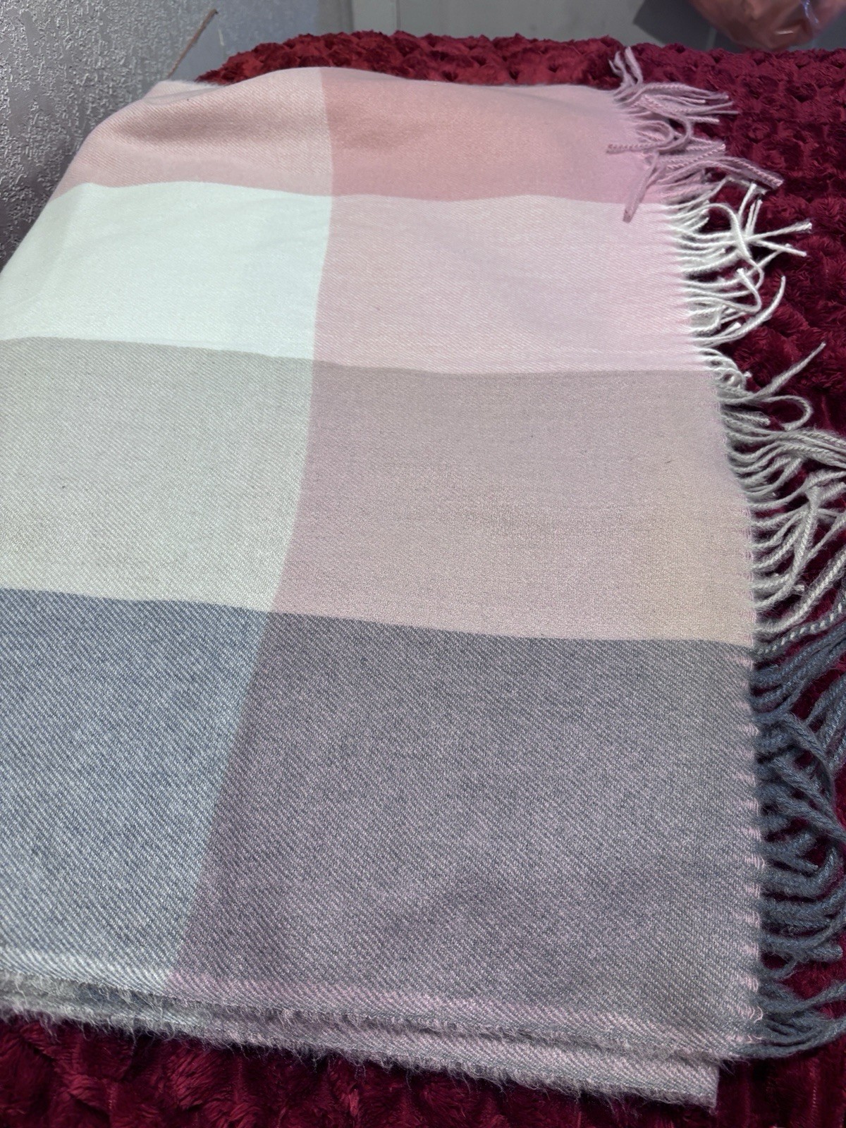 Plaid Fringe Twill Scarf Gray Pink Beige White Women’s Rectangle 28 x 74