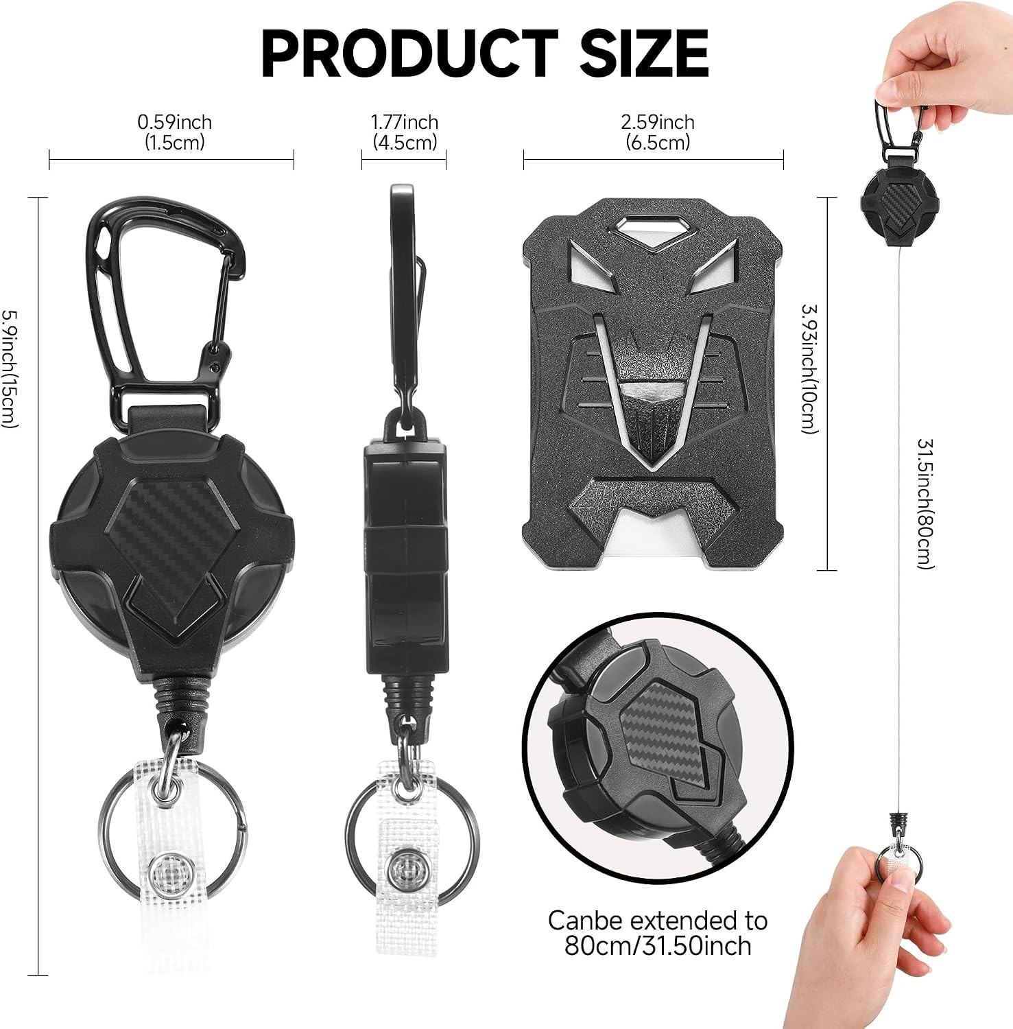 2 Pack Retractable Keychain with ID Card Holder, Heavy Duty Carabiner Badge Hold