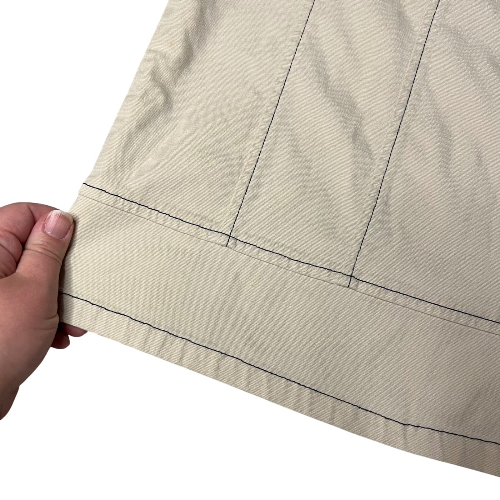 LL Bean Khaki Tan Canvas Button Front Mini Skirt Navy Contrast Stitching 16 Reg