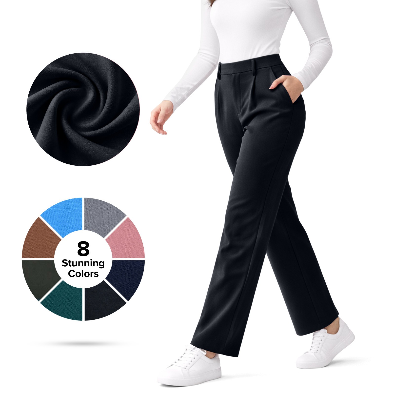 Women’s High Waist Stretch Work Pants Straight Leg Wrinkle Resistant Pockets